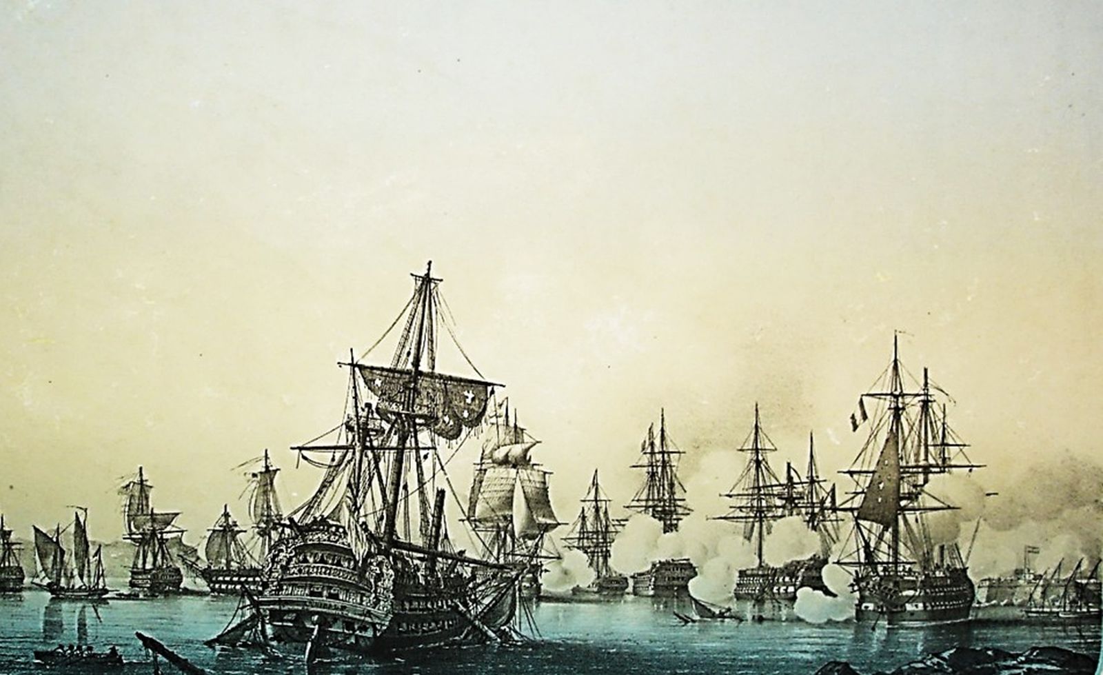 Una litografía poco conocida de la batalla naval de Algeciras, realizada por Louis Lebreton hacía 1866. En primer término, el Annibal, navío británico que tuvo que rendirse ante el fuego del fuerte de Santiago, representado a la derecha con bastante fantasía.