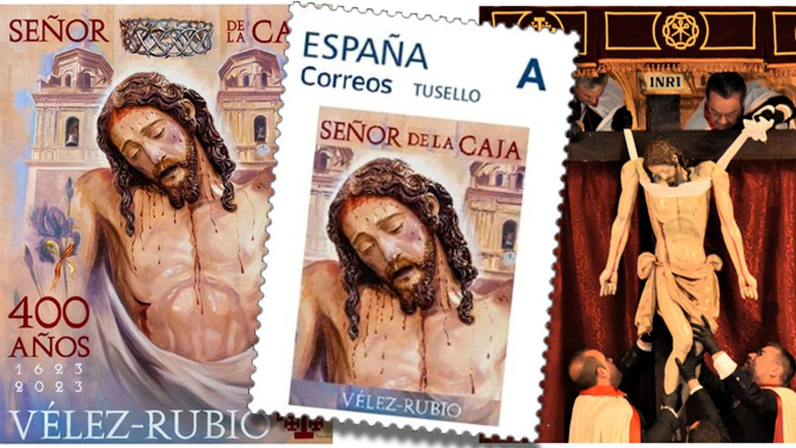 Cartel conmemorativo del 400 aniversario de la hechura del Cristo Yacente, obra Felipe Herreros Rodero. Sello personalizado. Momento del enclavamiento, foto José Domínguez del Pino