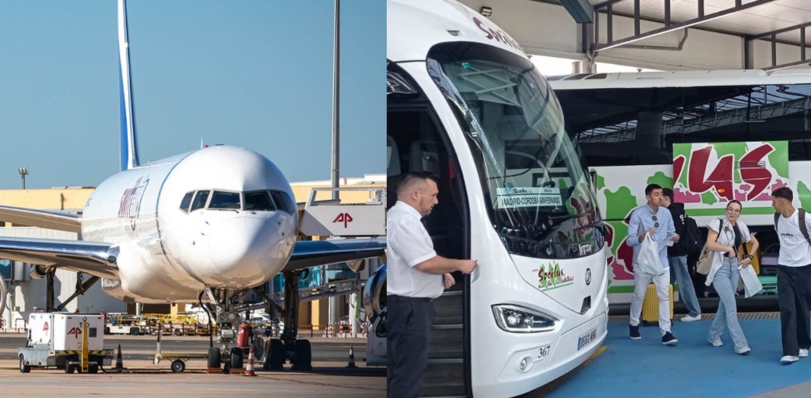 El aeropuerto de Sevilla, desde donde parte el vuelo de Iberia con Madrid, y autobuses de Socibus con viajeros.