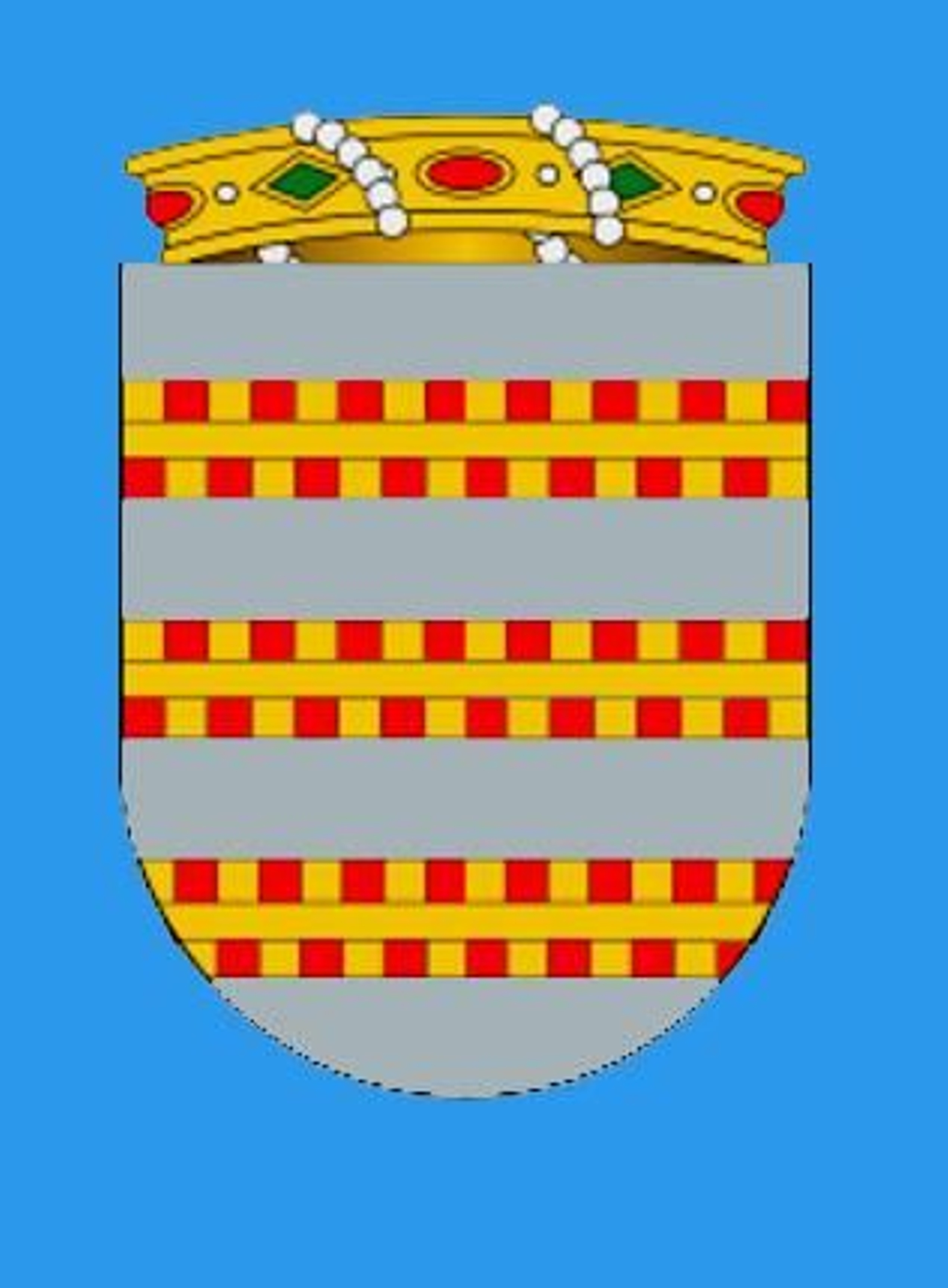 Escudo de armas de don Juan de Saavedra, señor de Castellar. En campo de plata, tres fajas ajedrezadas de oro y gules, cargada de una virada de oro. Al timbre, corona de señor.