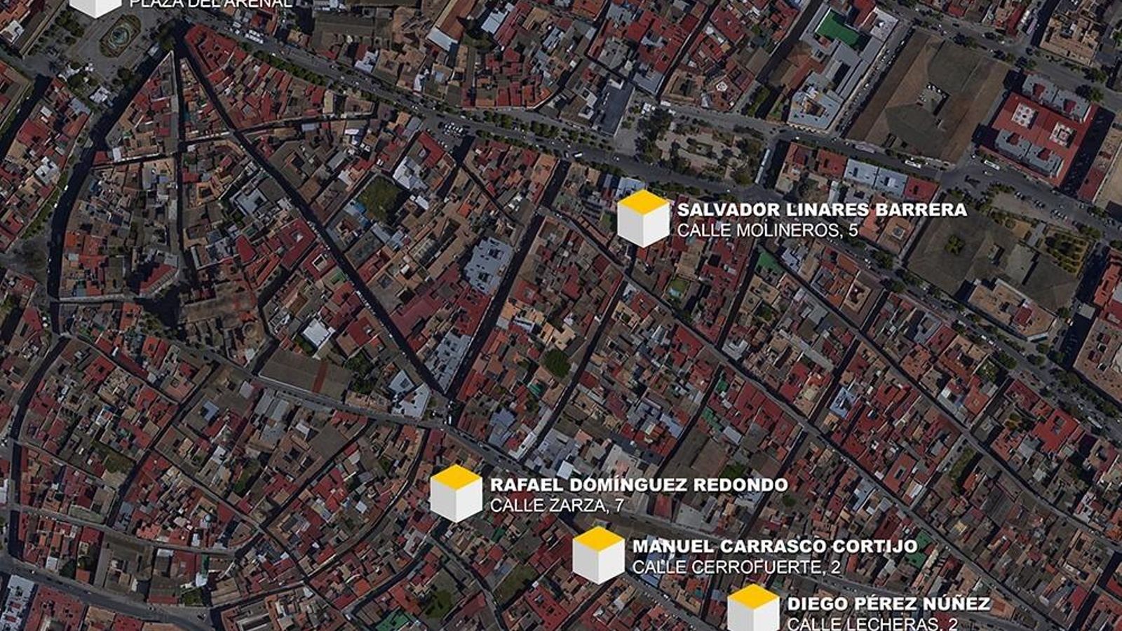 Ubicación de las cinco piedras de la memoria o Stolpersteine que la Iniciativa jerezana quiere colocar en la ciudad.