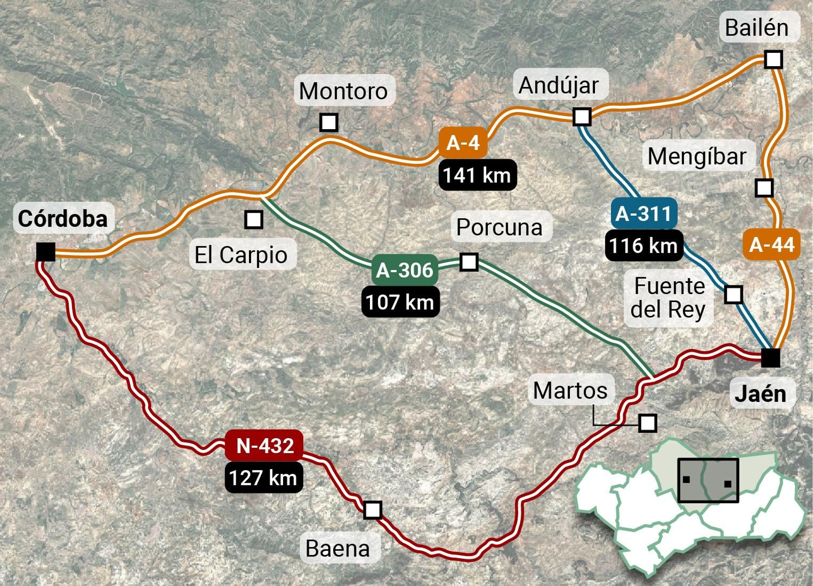 Las conexiones por carretera de Jaén con Córdoba