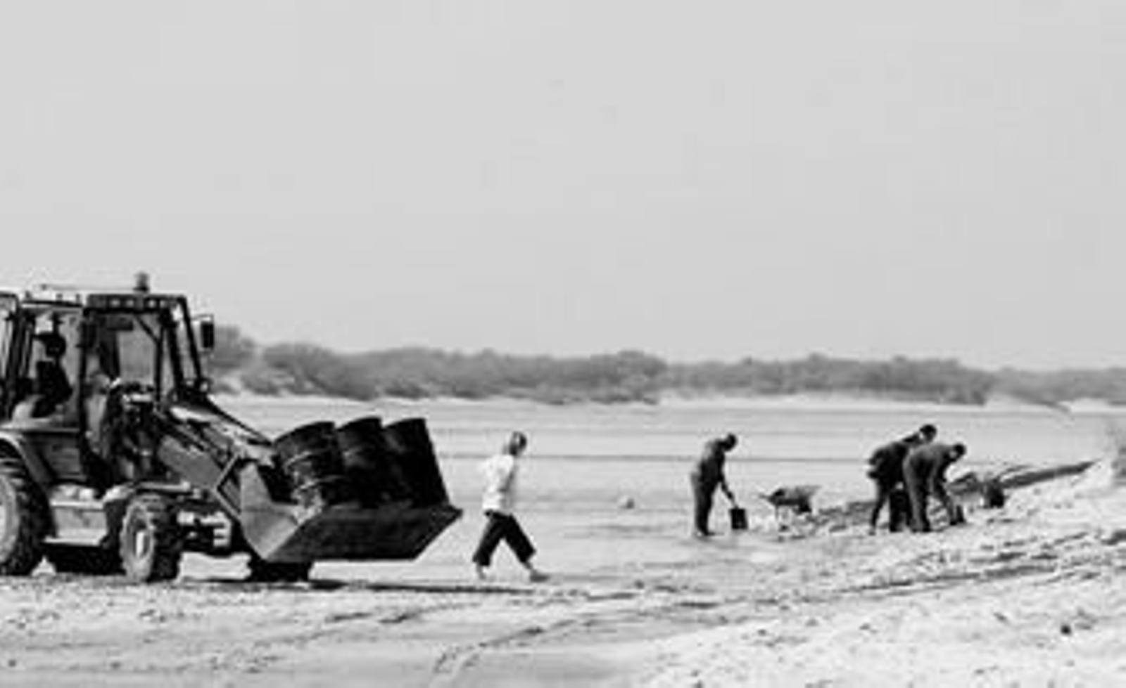Operarios recogen en una playa onubense los restos de combustible procedentes de buques que navegan cercanos a la costa.