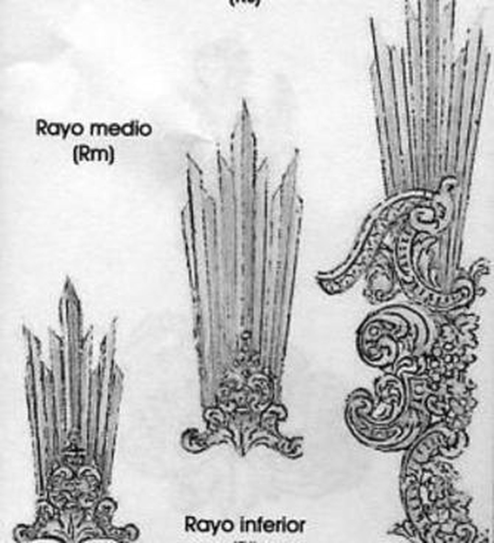 Piezas de tres tamaños que van entre los rayos.