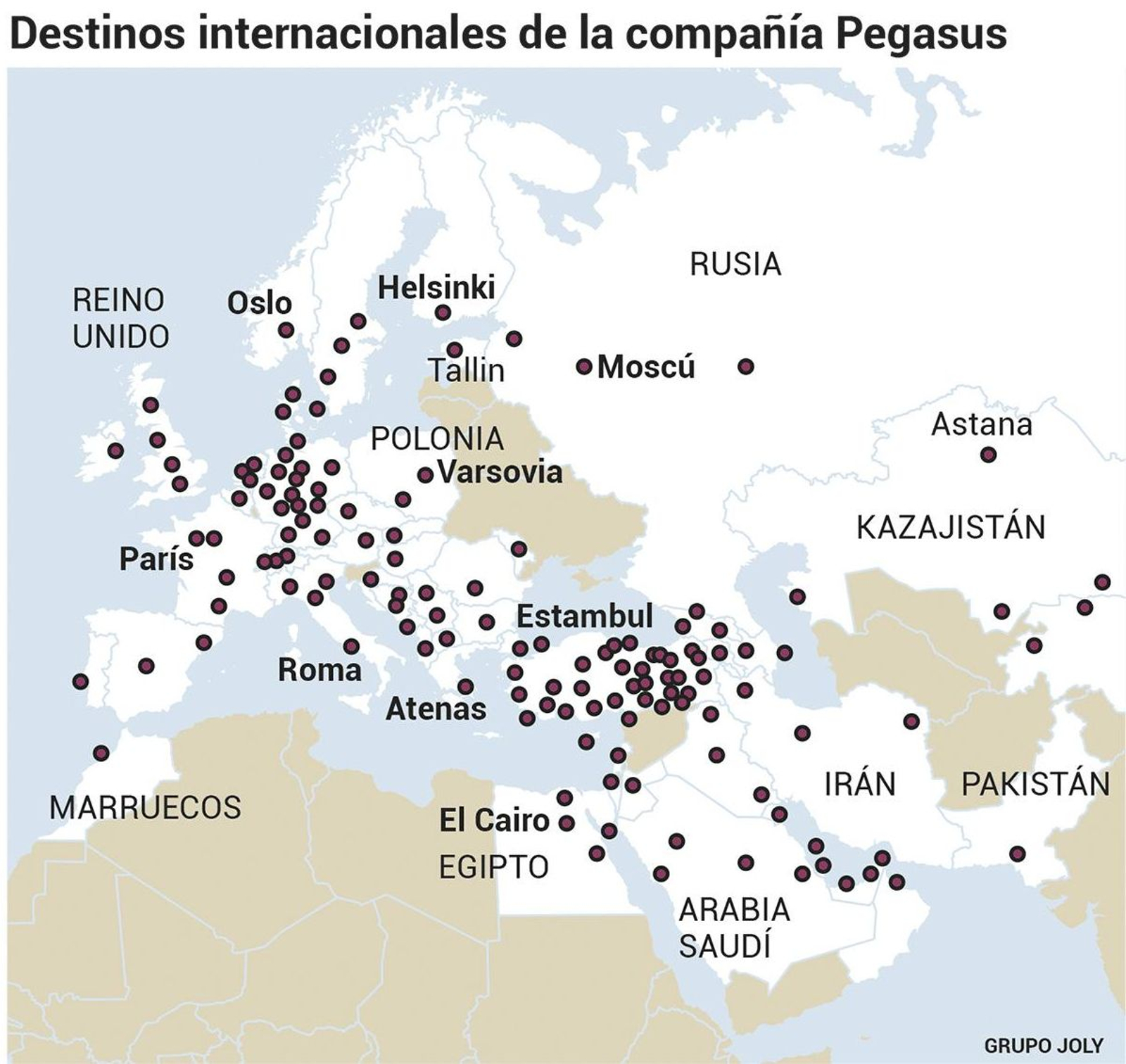 Destinos internacionales de la compañía Pegasus. Fuente: Compañía Pegasus.