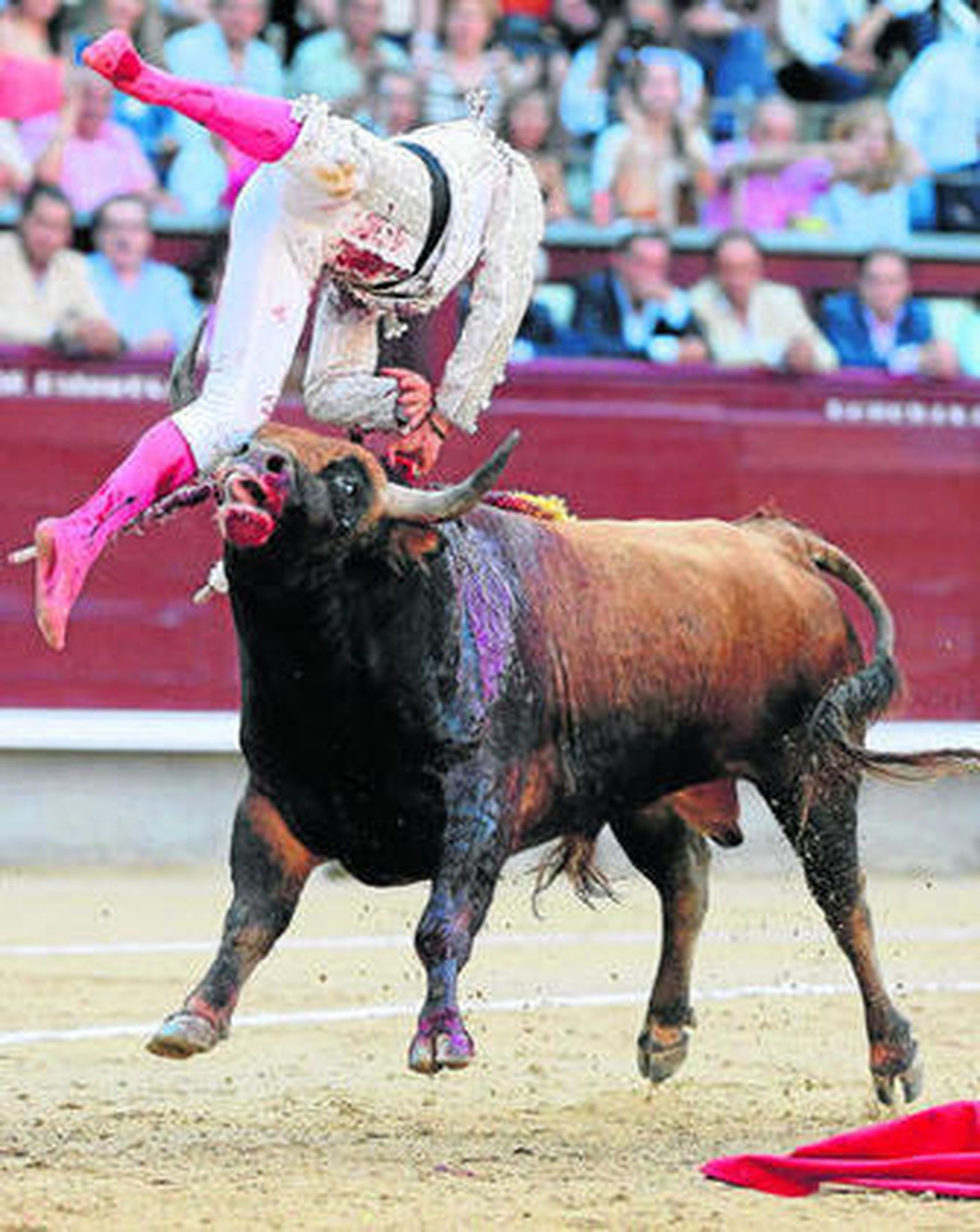 Gonzalo Caballero sale cogido por el cuarto novillo, al que entró a matar a cuerpo limpio.