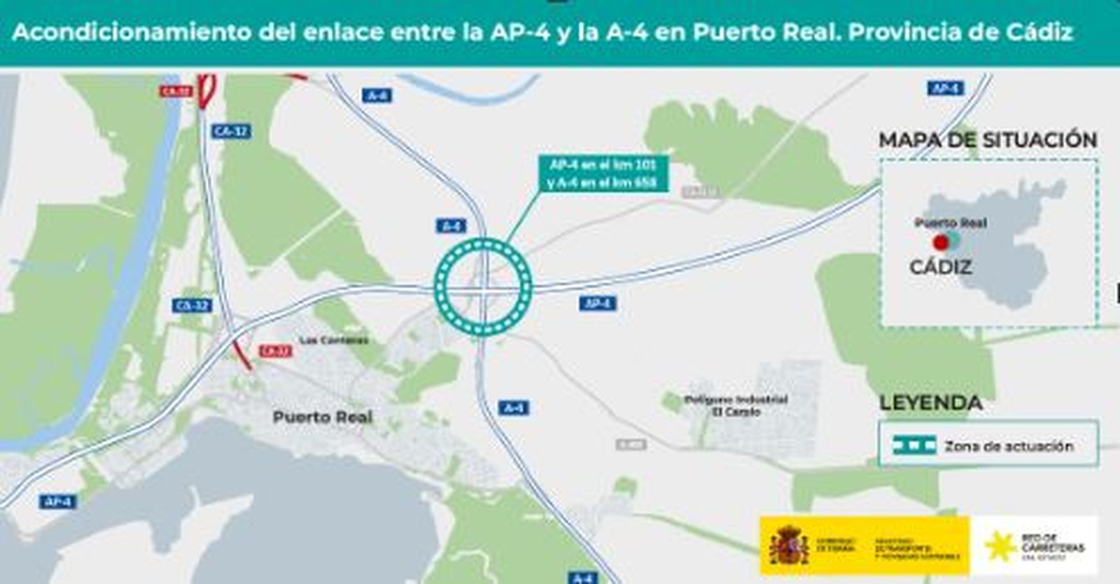 Nudo en Puerto Real, que conecta la AP-4 y la A-4, y que será mejorado.