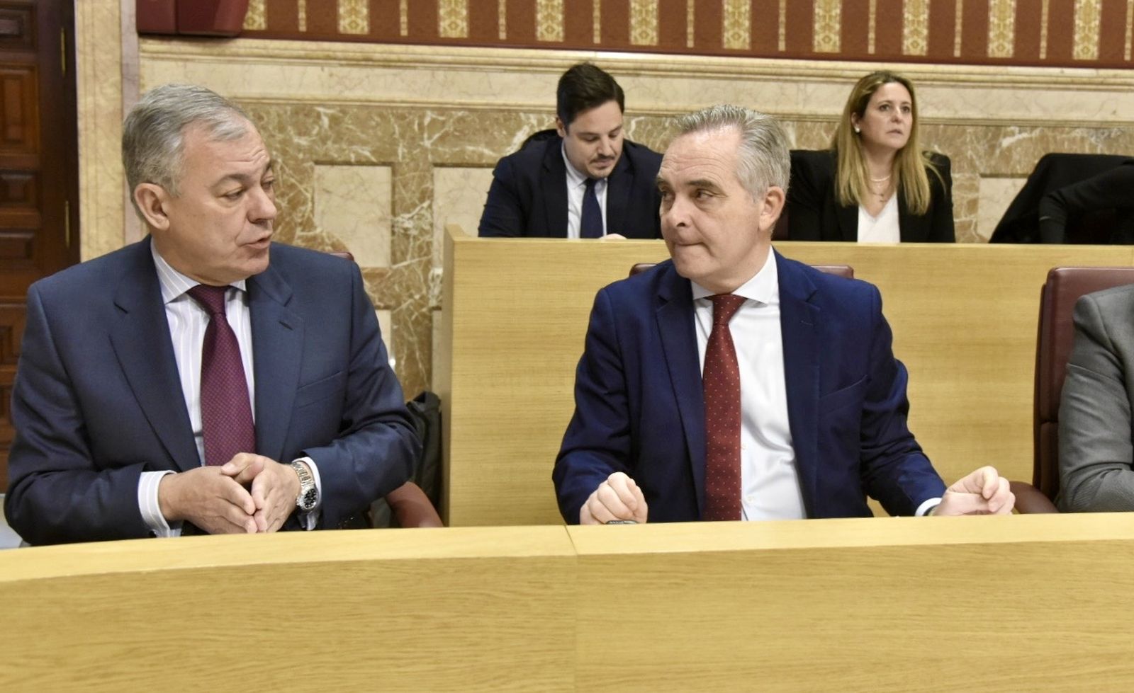 Sanz y Bueno conversan durante la sesión plenaria de febrero.