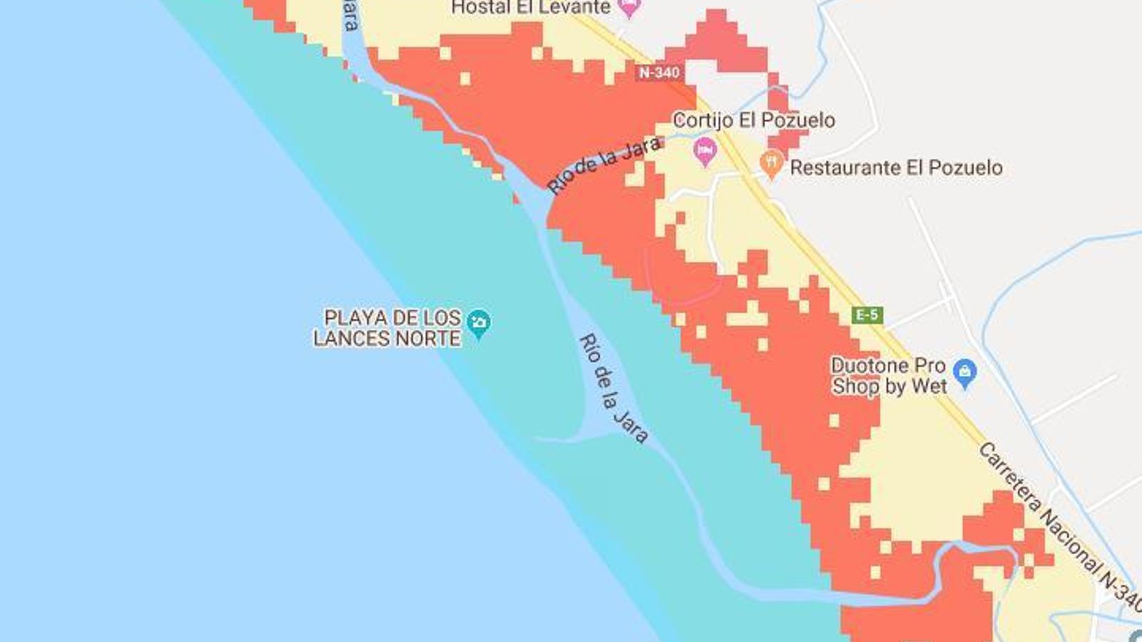 El área en riesgo en Tarifa