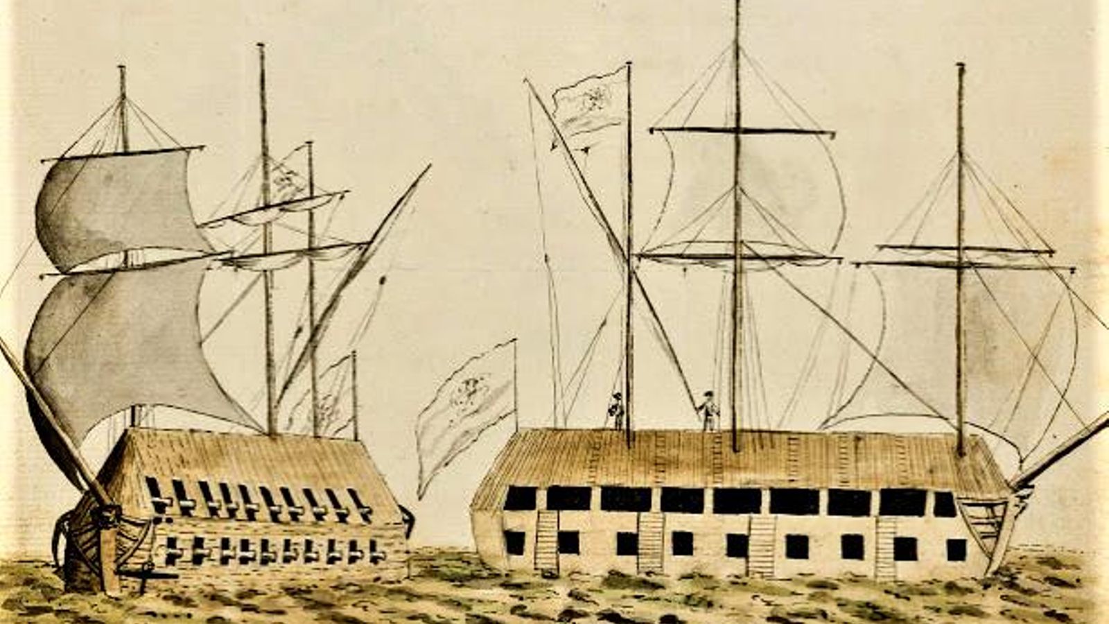 Reproducción de las baterías flotantes ideadas por el francés D'Arçon, algunas construidas en Cádiz y otras en los astilleros de Algeciras en el año 1782.