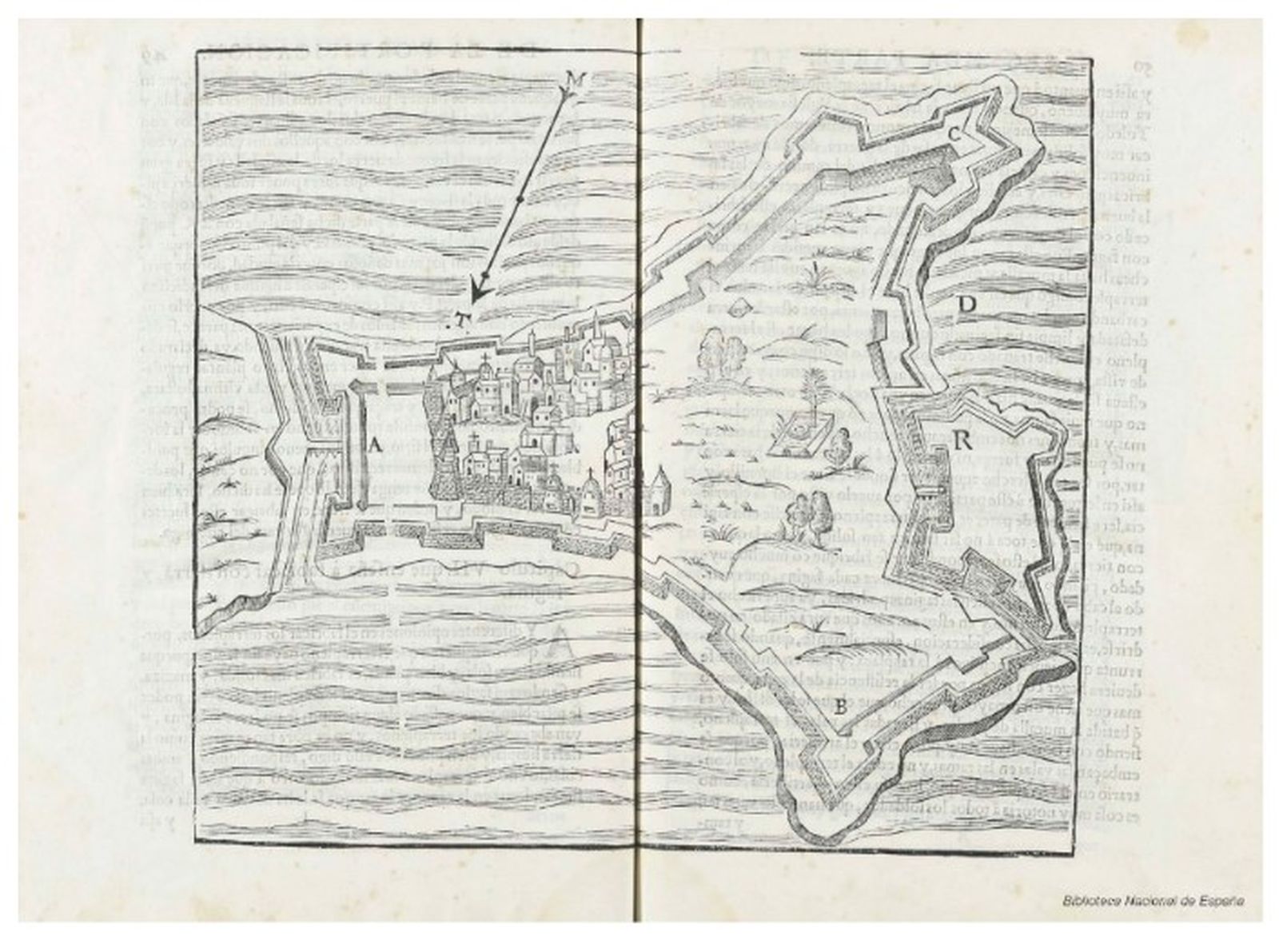 Cristóbal de Rojas, 'Plano de Cádiz inserto en Teoría y práctica de fortificación conformelas medidas y defensas destos tiempos (1598)'. Biblioteca Nacional de España.