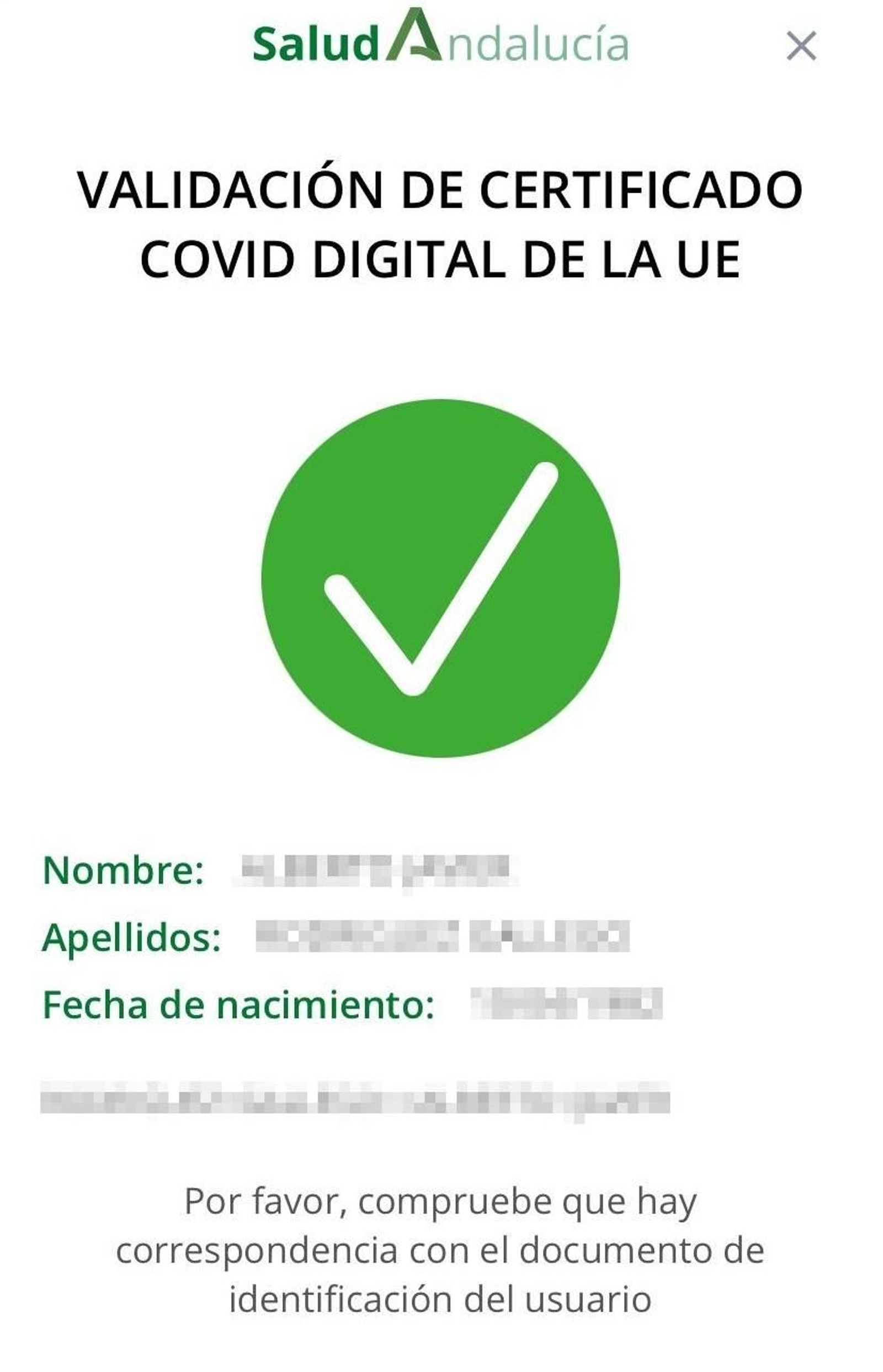 Un certificado Covid validado correctamente.