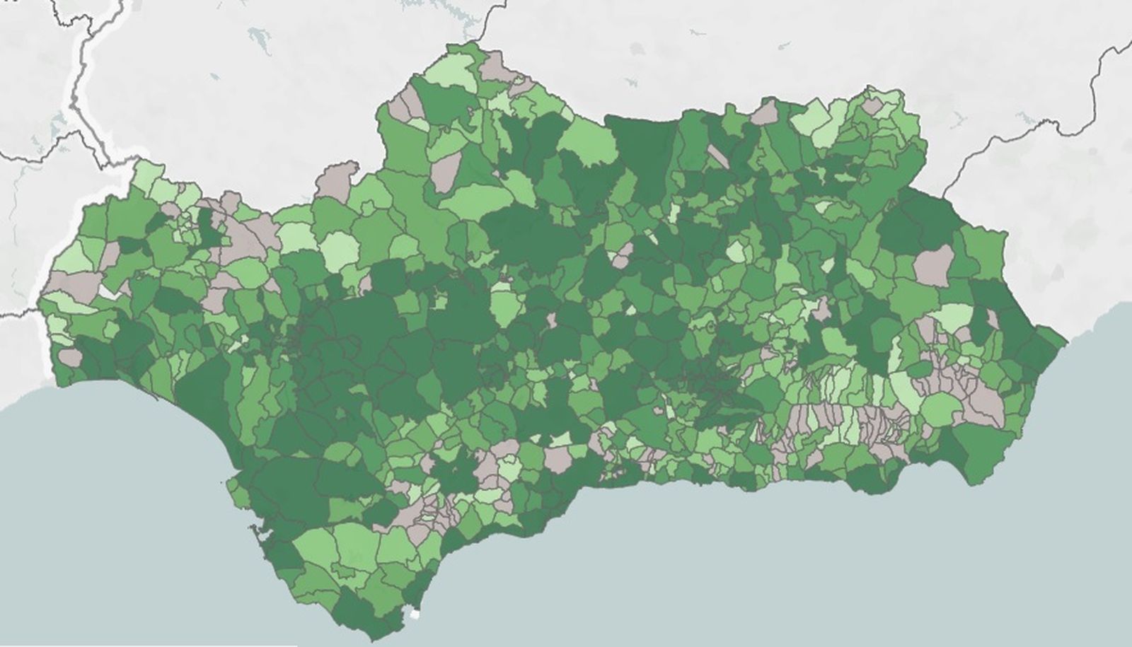 Mapa de casos diagnosticados en los últimos 14 días en Andalucía.