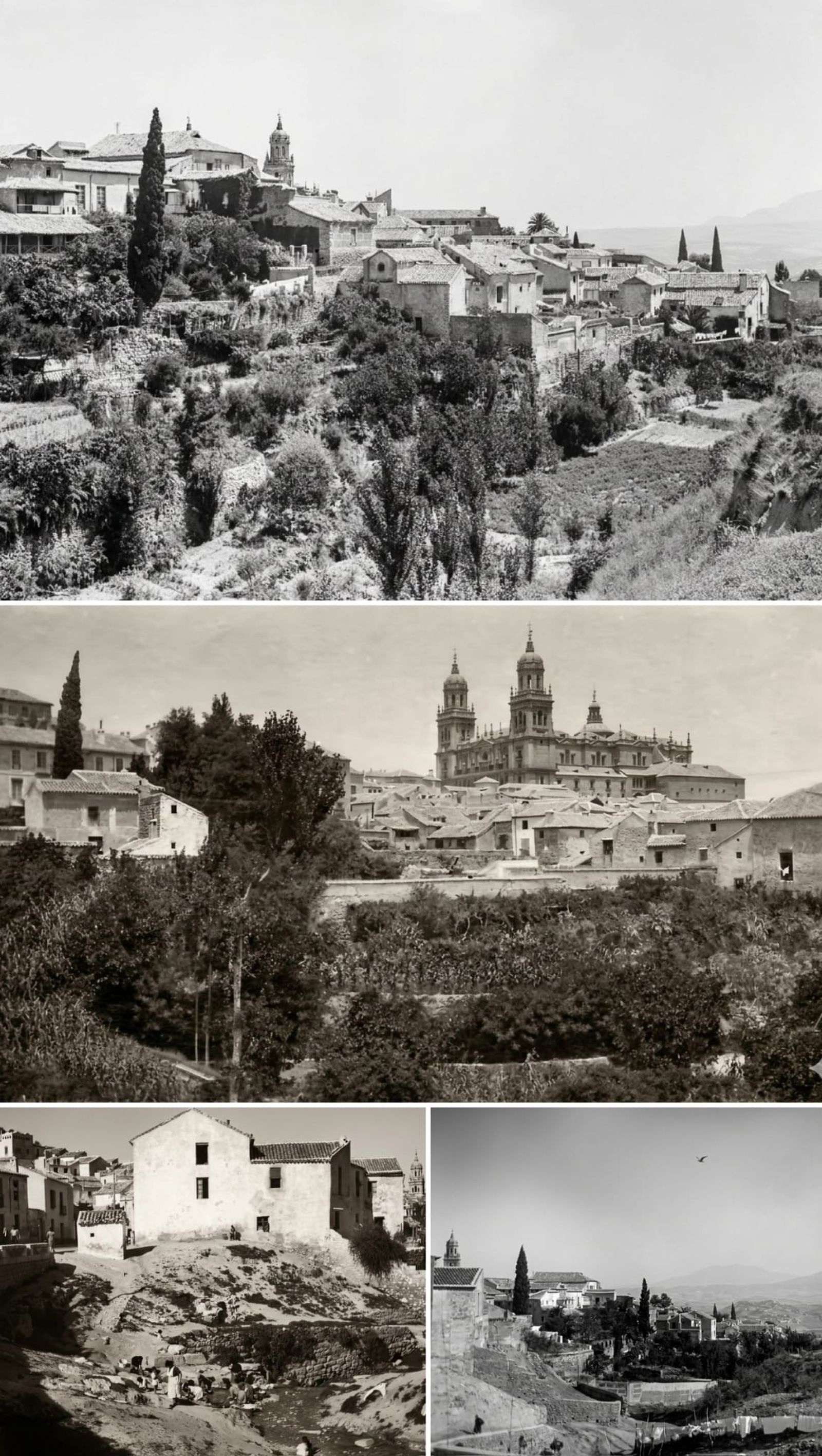 Arriba: Fotografías de la Senda de los Huertos. Abajo: Lavanderas en el Puente de Santa Ana (La Poceta) y el Barranco de los Escuderos.