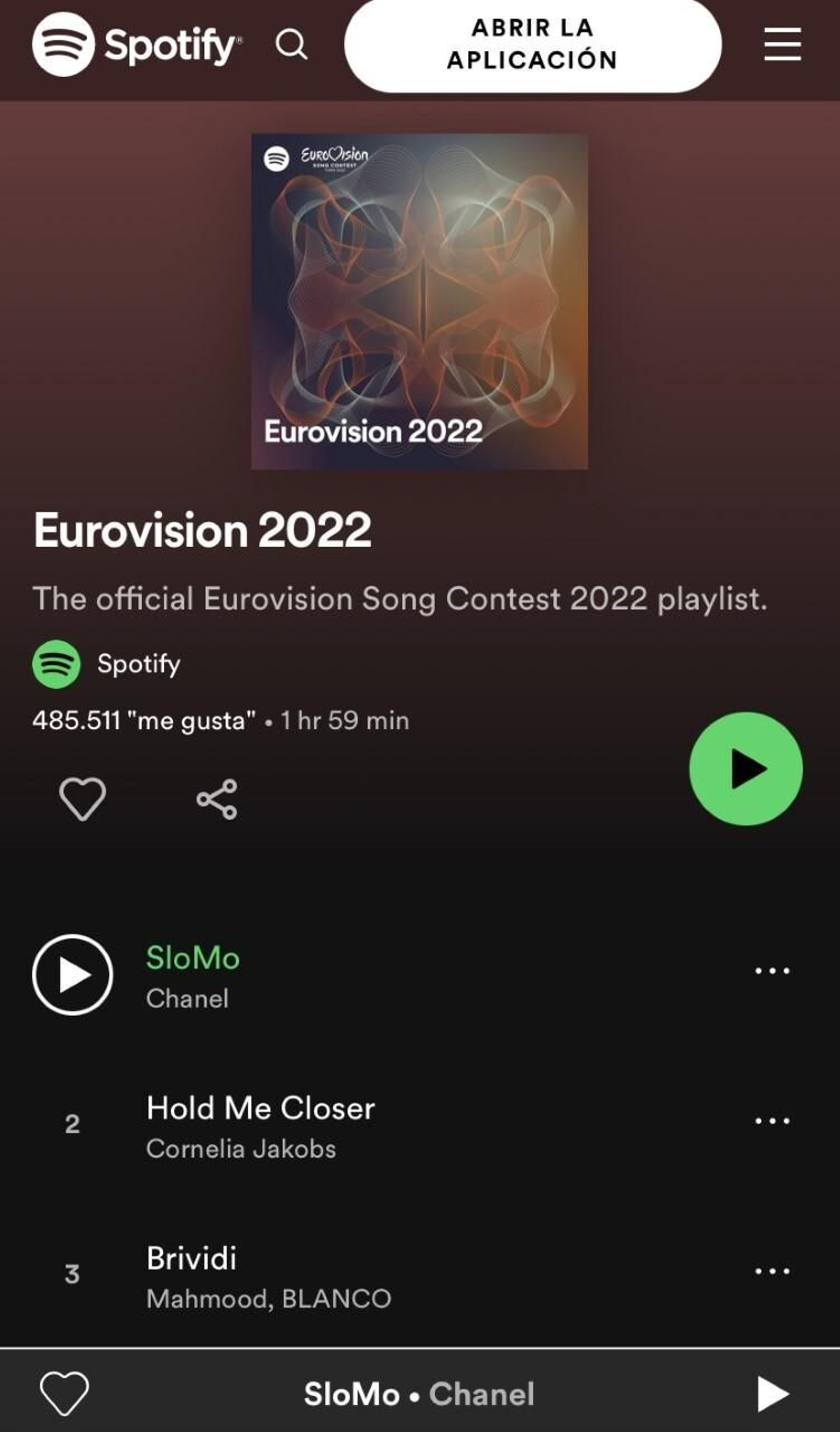 Imagen con las primeras canciones de la lista de Eurovision 2022 en Spotify