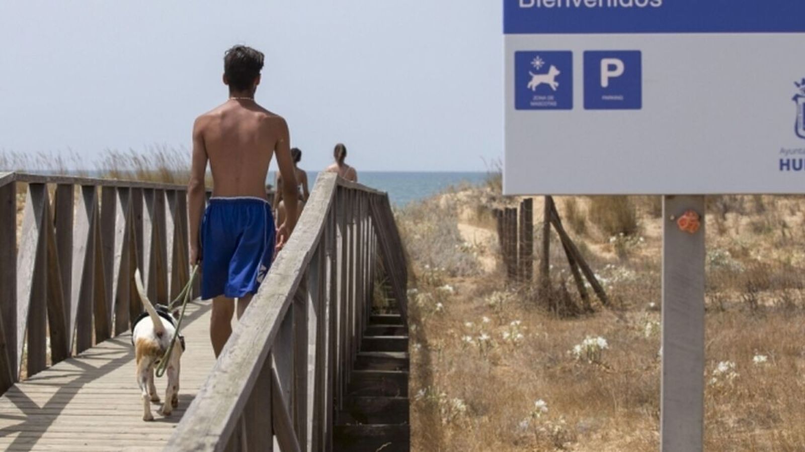 Una persona yendo con su perro a la playa de El Espigón.