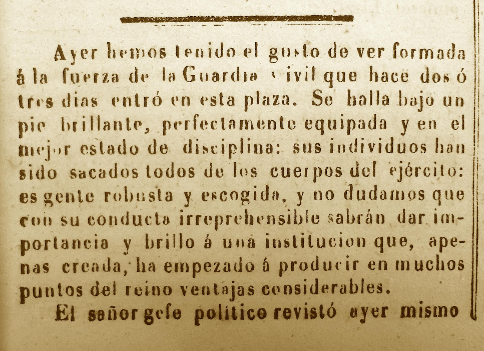 Detalle del artículo publicado el 6 de enero de 1845 en El Comercio sobre la primera revista del jefe político a la Guardia Civil gaditana.