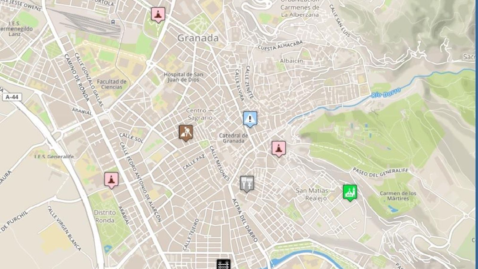 Mapa de los cortes de tráfico en Granada