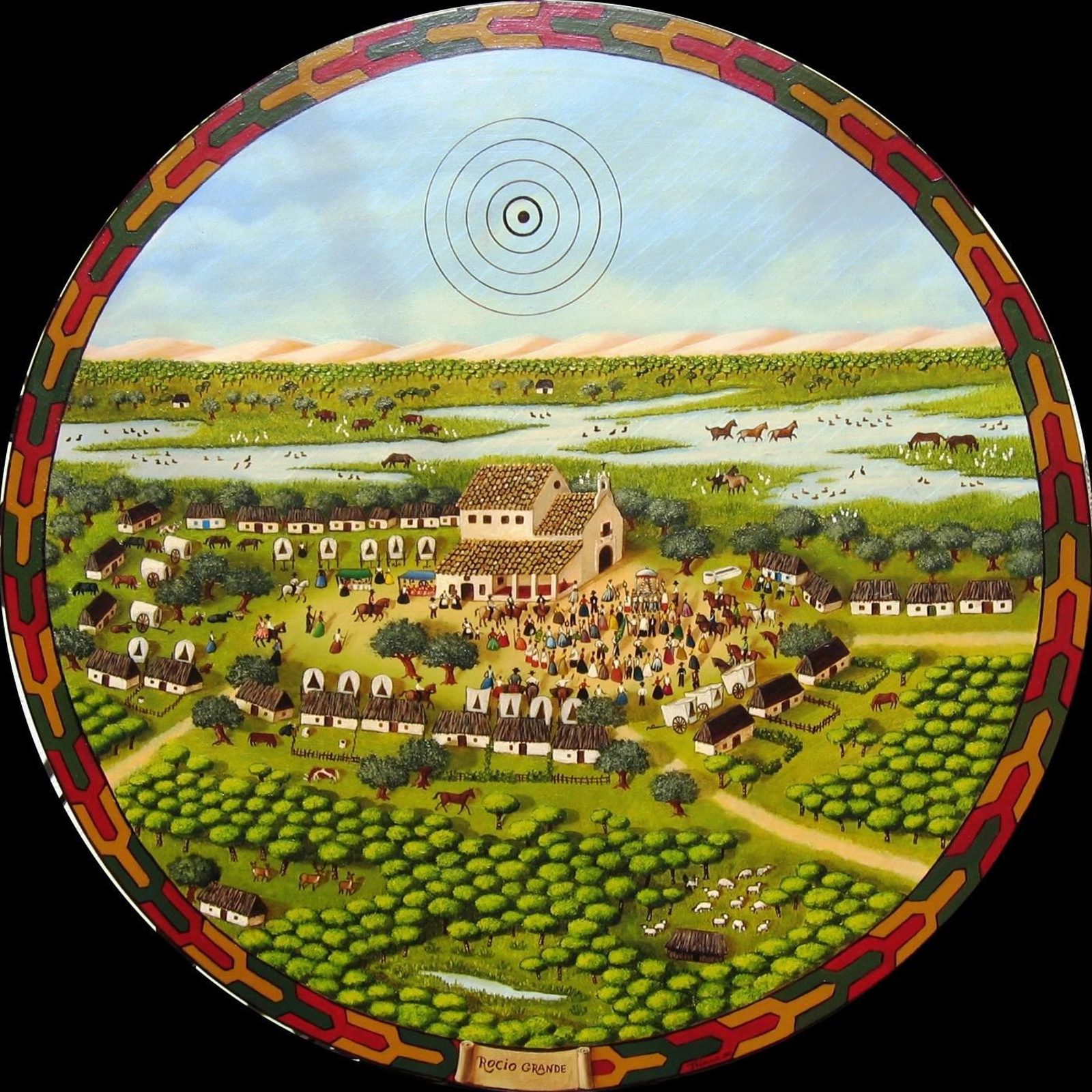 El Rocío, a vista de pájaro, en uno de los cuadros circulares, aquí dedicado a la procesión.