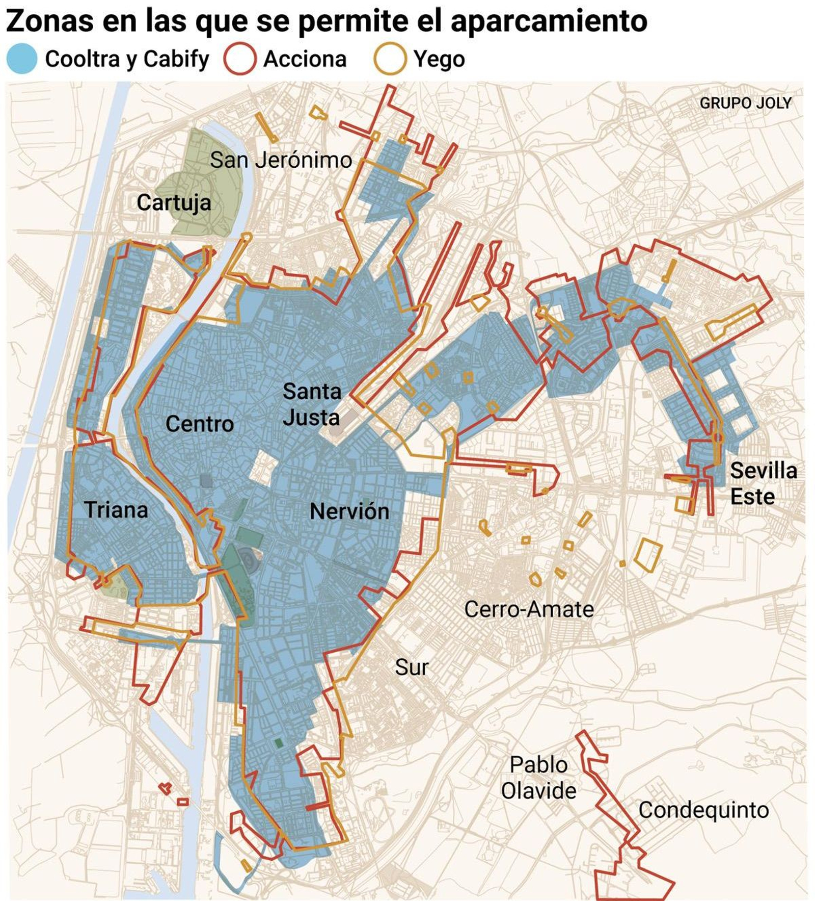 Zonas en las que se permite el aparcamiento. Fuente: Cabify, Cooltra, Acciona y Yego.