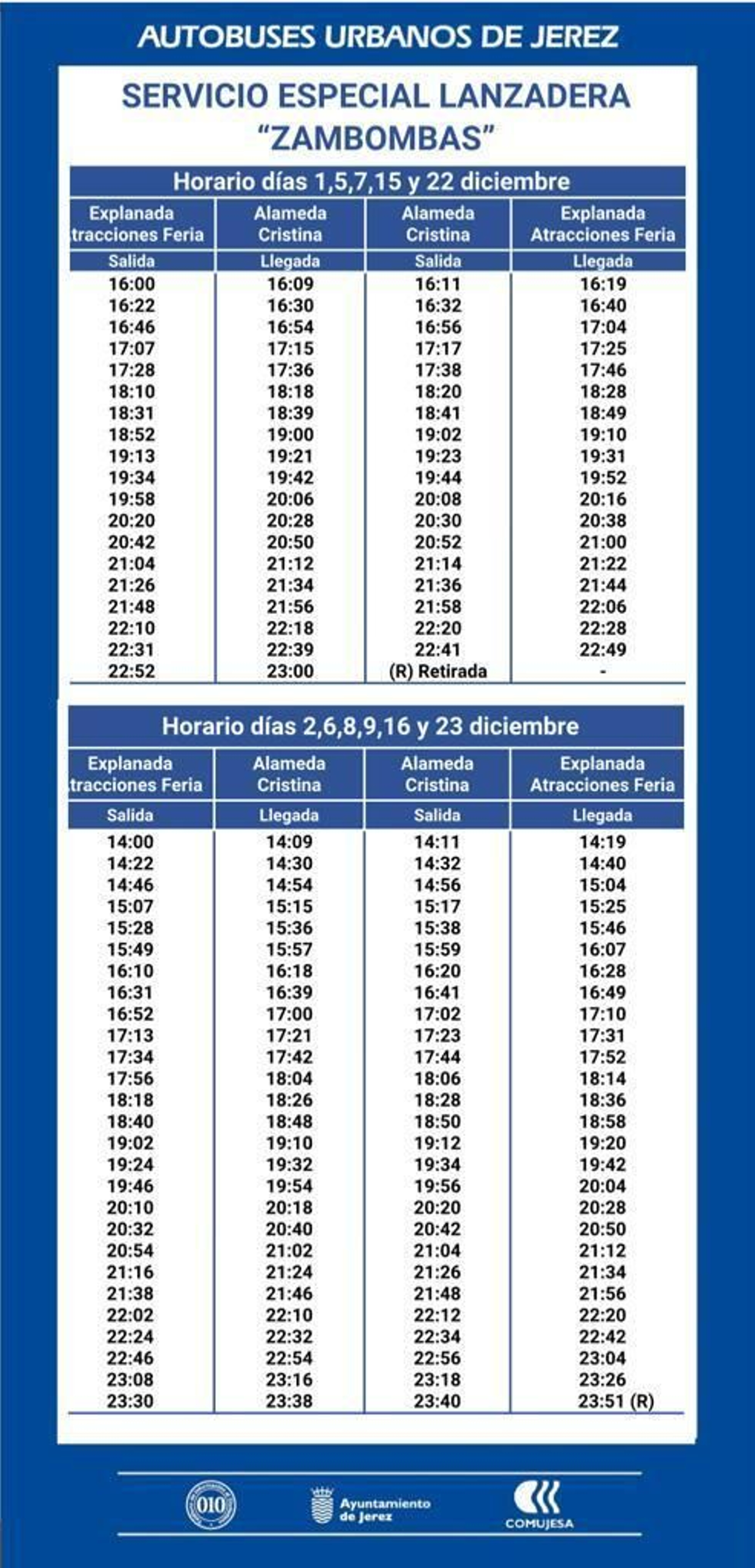 Horarios del autobús lanzadera 'Zona de cacharritos de la Feria a Alameda Cristina'. Horarios del autobús lanzadera 'Zona de cacharritos de la Feria a Alameda Cristina'.