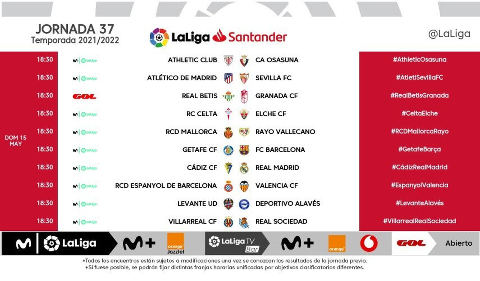 Partidos y horarios para la penúltima jornada de Liga.