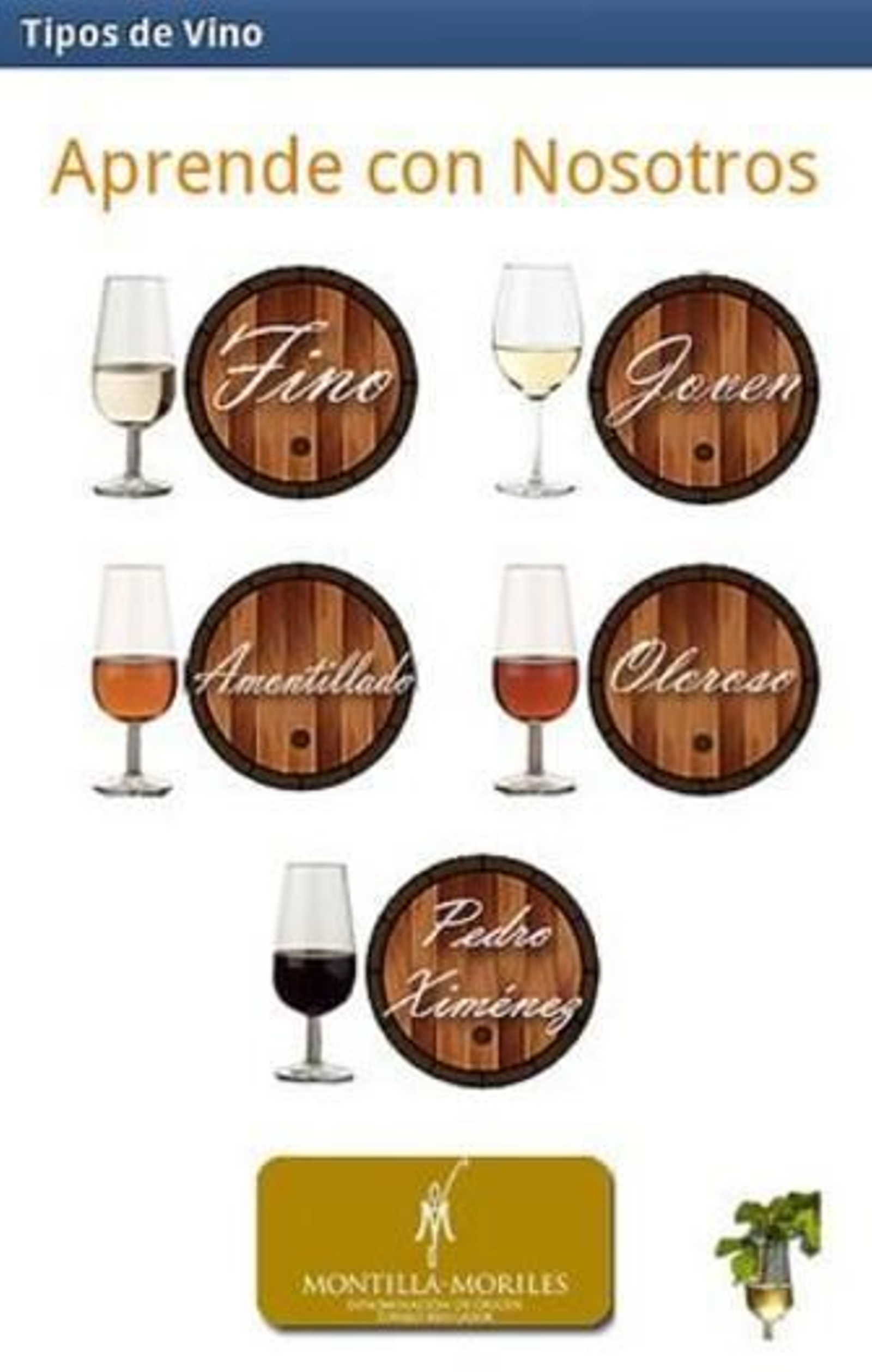 El menú principal de la aplicación muestra los principales tipos de vino de Montilla-Moriles