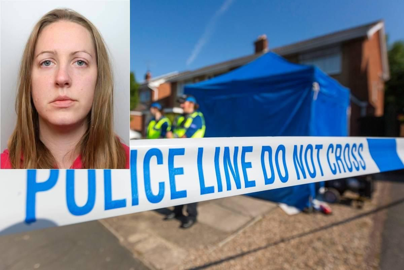Un retrato de Lucy Letby y una imagen del registro policial en su casa