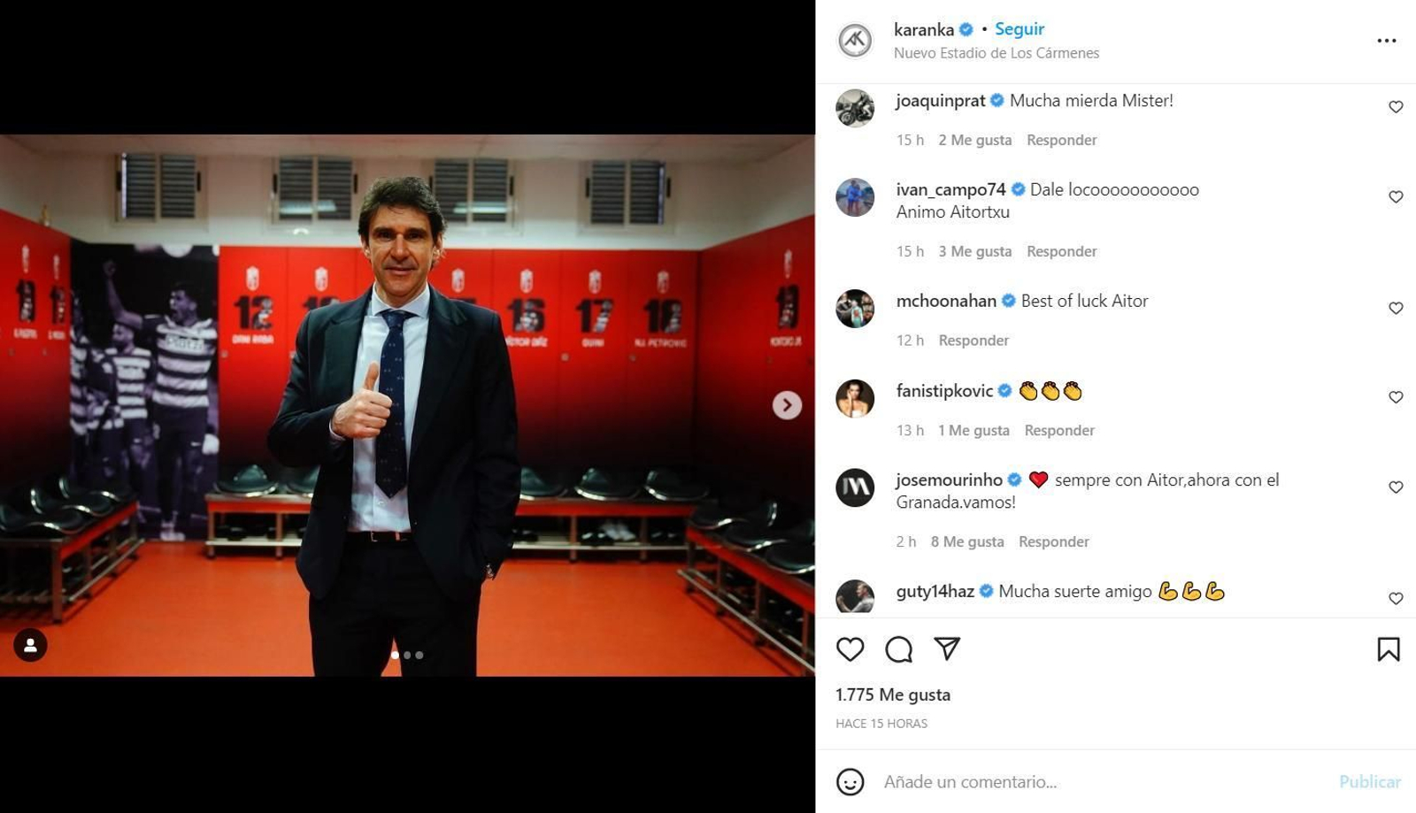 Publicación de Karanka, nuevo entrenador del Granada CF, y el comentario de José Mourinho