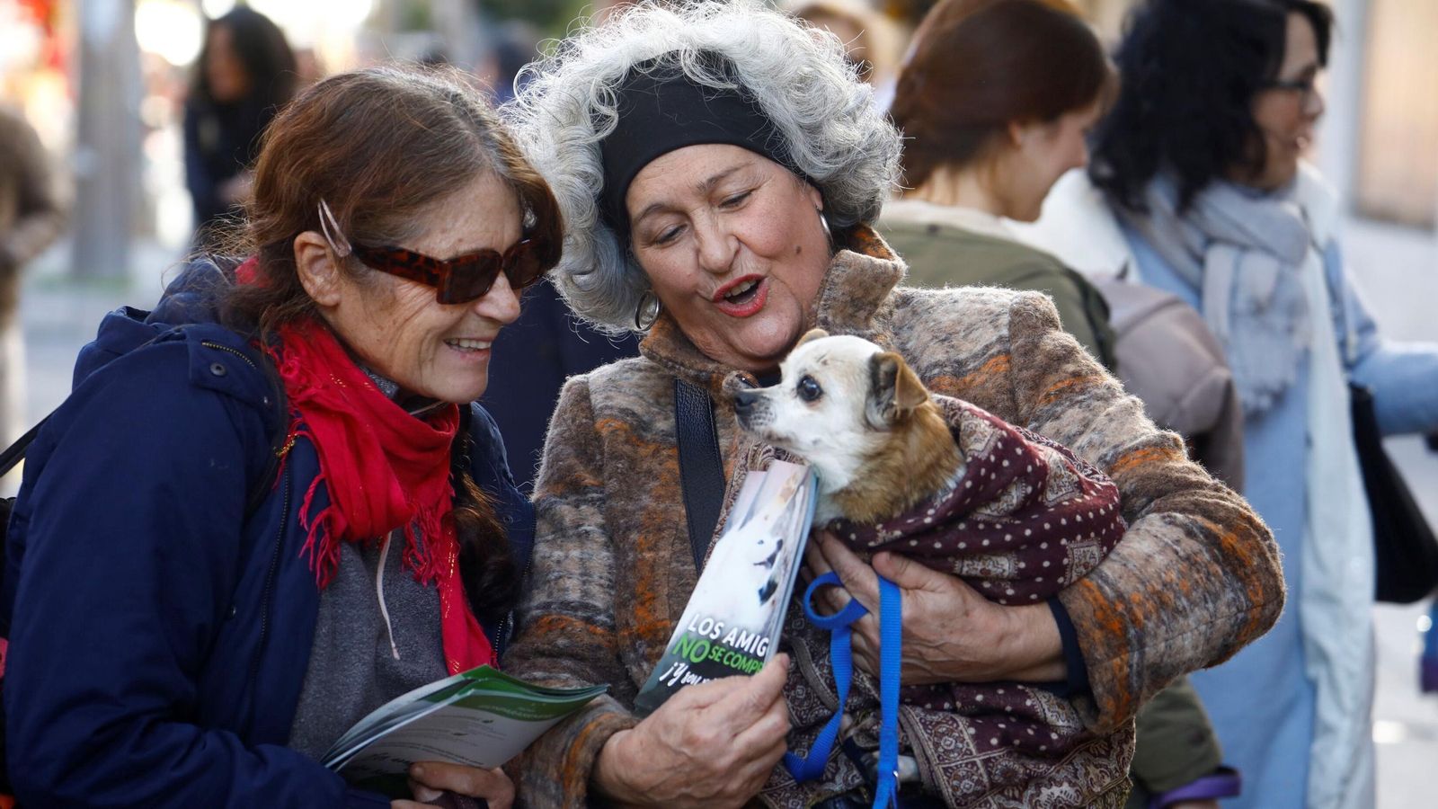 Dos mujeres miman a un perro anciano.