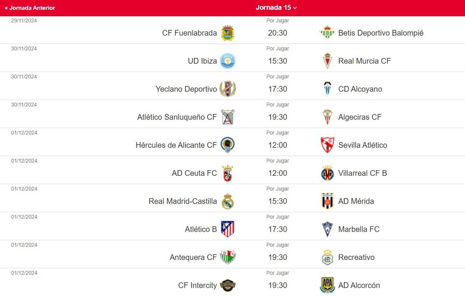 Horarios jornada 15