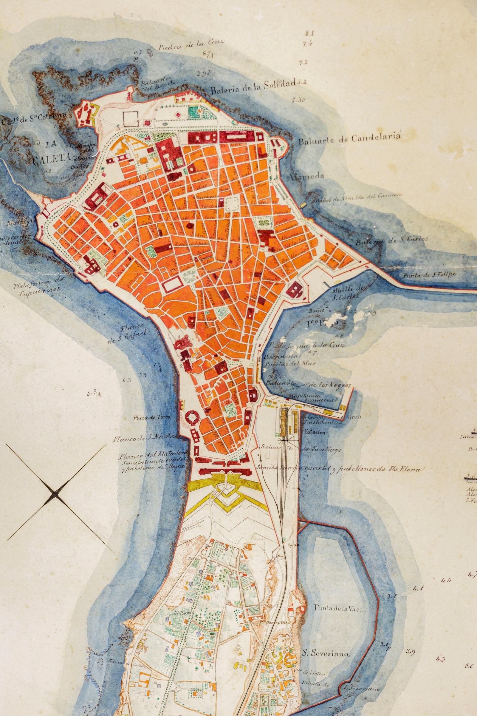 Mapa de los contornos de Cádiz en el s. XIX.