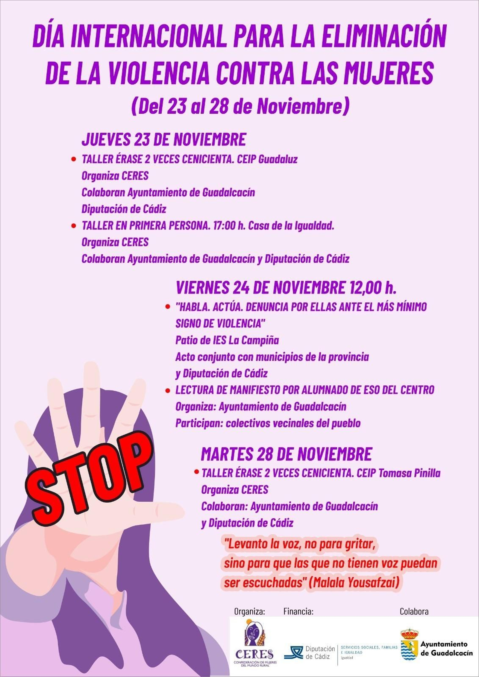 Detalle del cartel del programa de actos en Guadalcacín por el 25-N.