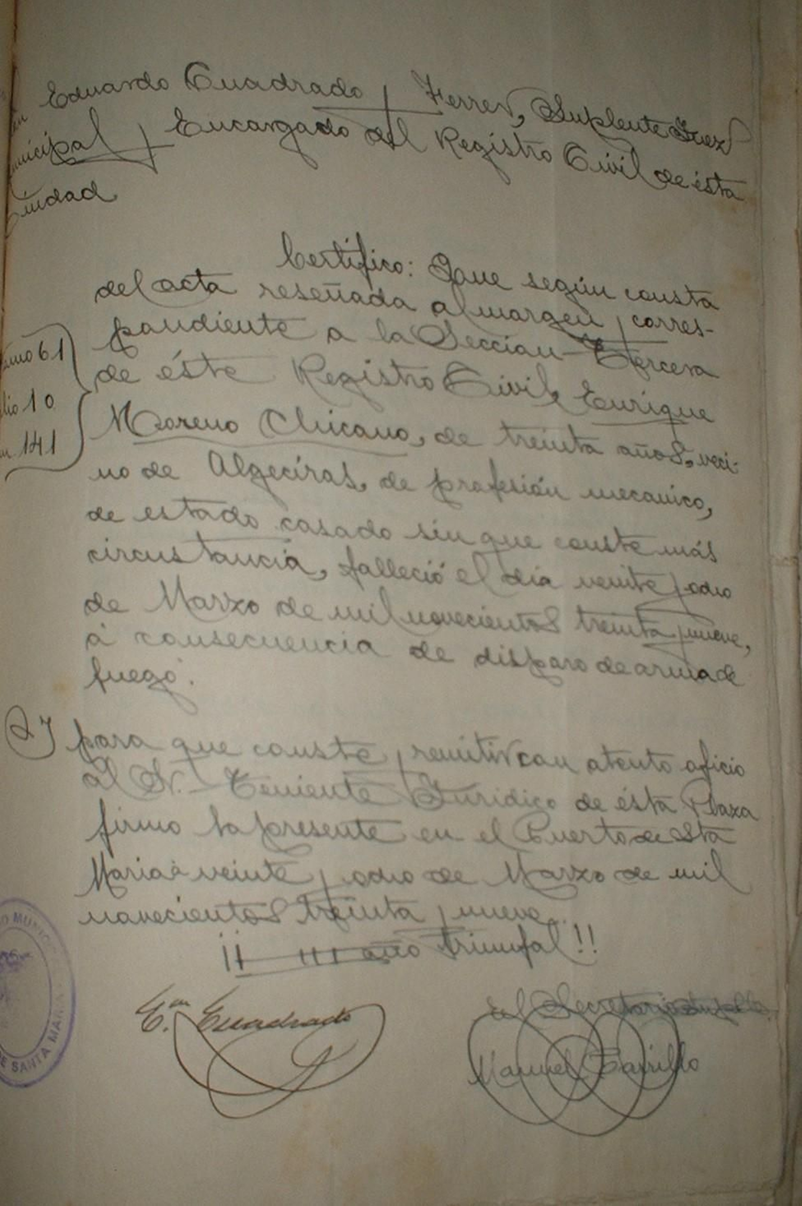 Registro Civil del Puerto de Santamaría. Hoja de defunción del agente Enrique Moreno Chicano. Registro Civil del Puerto de Santamaría. Hoja de defunción del agente Enrique Moreno Chicano.