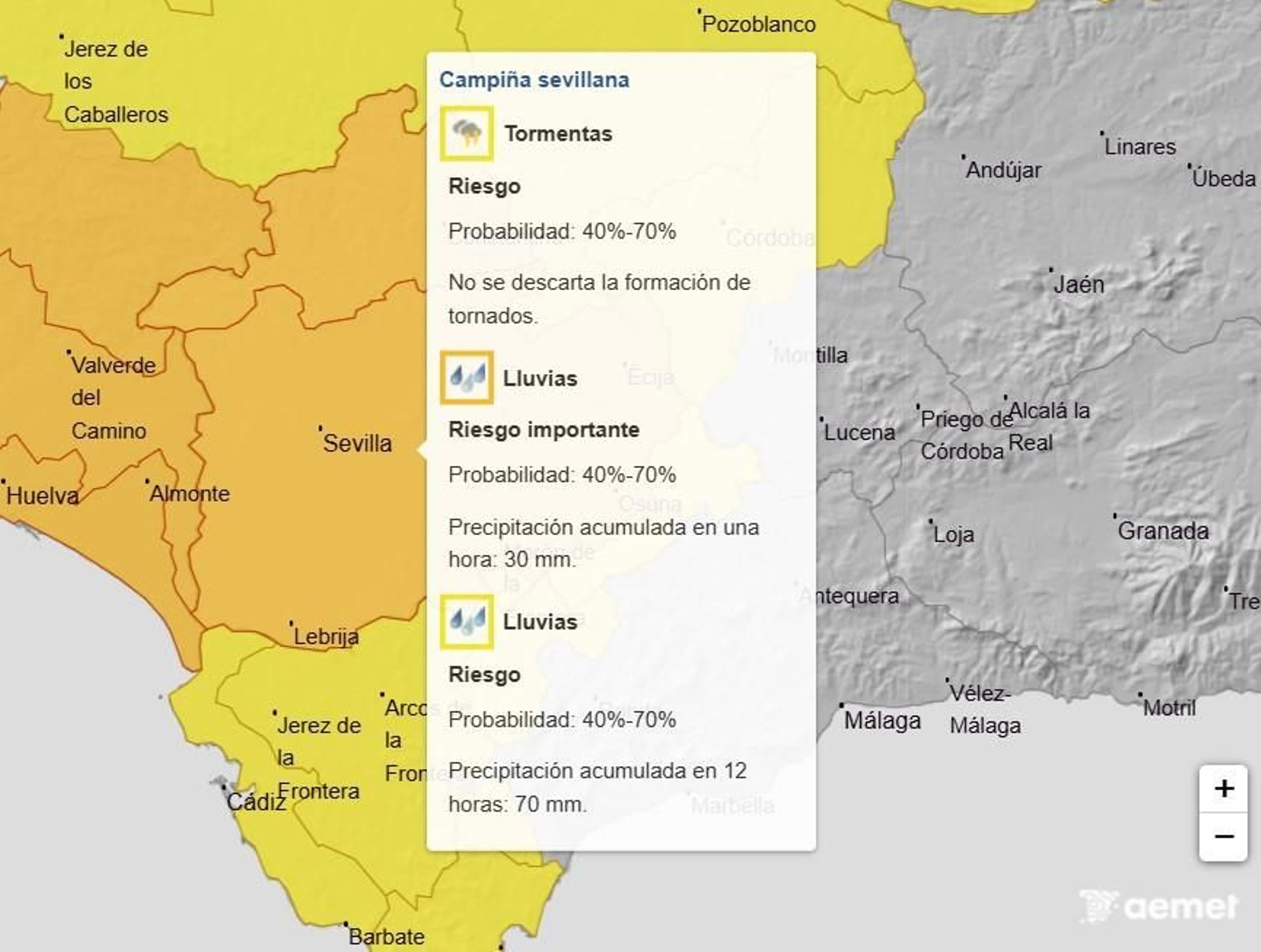 Aviso naranja por lluvias en Sevilla este miércoles