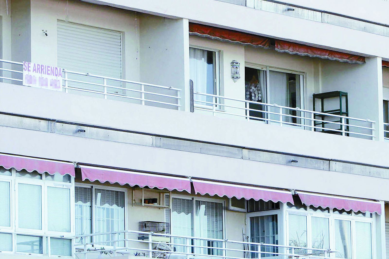 Un cartel para alquilar piso en el Paseo Marítimo de Cádiz.