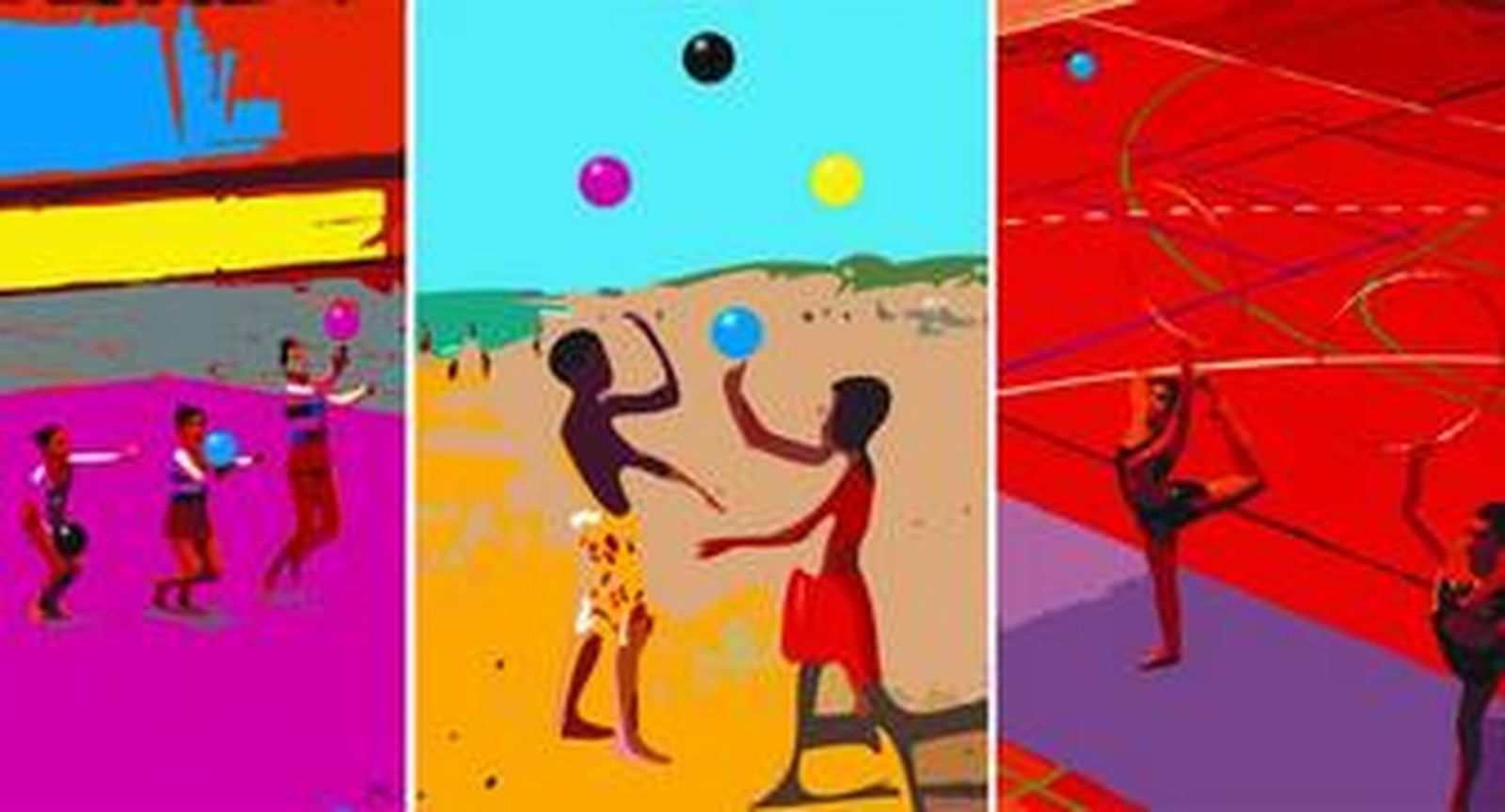 En la serie titulada "Malabaristas del Color" podemos encontrar referencias visuales al Ritmo, a la Composición y al Equilibrio.