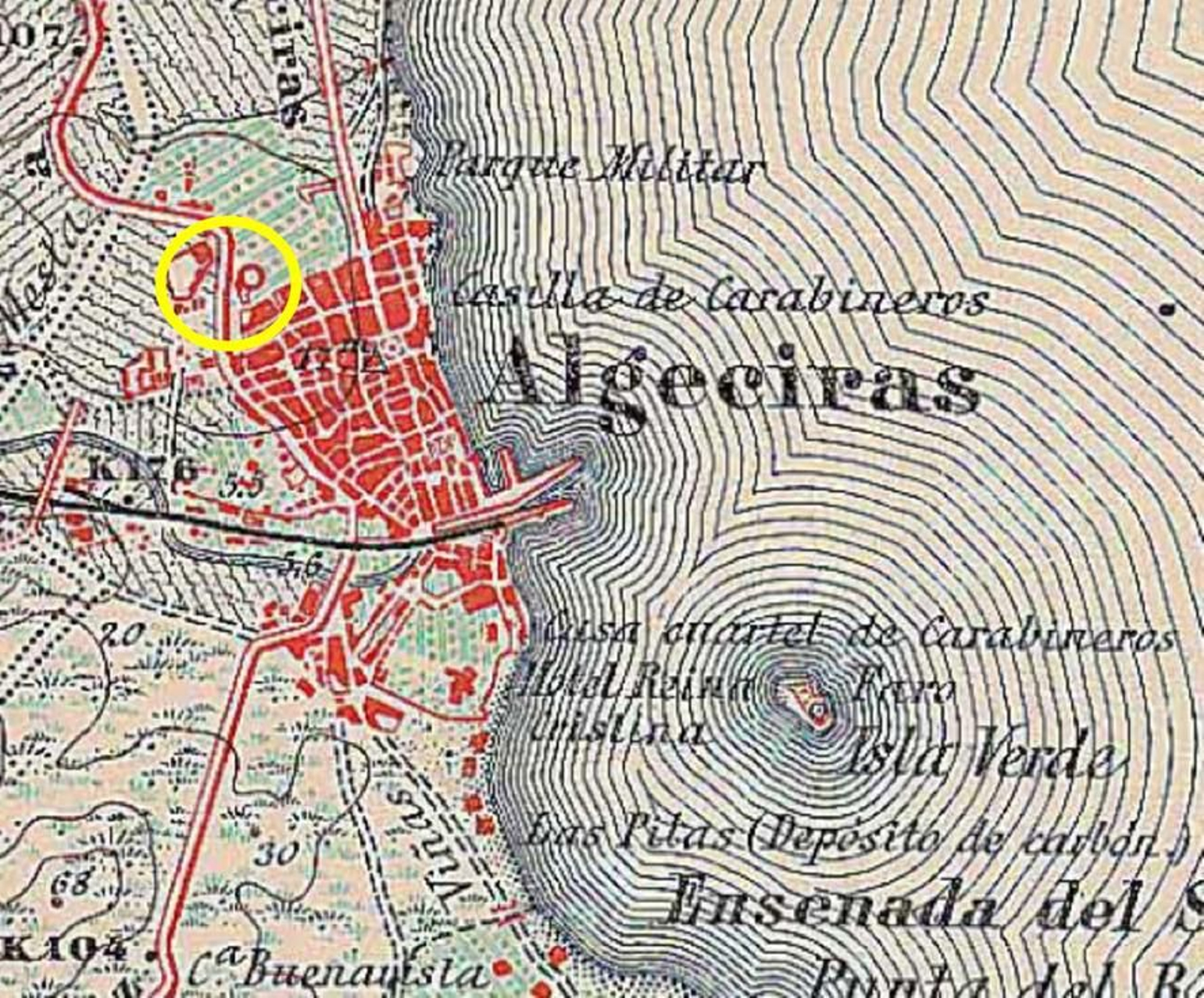 Antiguo plano de Algeciras, el círculo amarillo marca el espacio aquí estudiado Antiguo plano de Algeciras, el círculo amarillo marca el espacio aquí estudiado