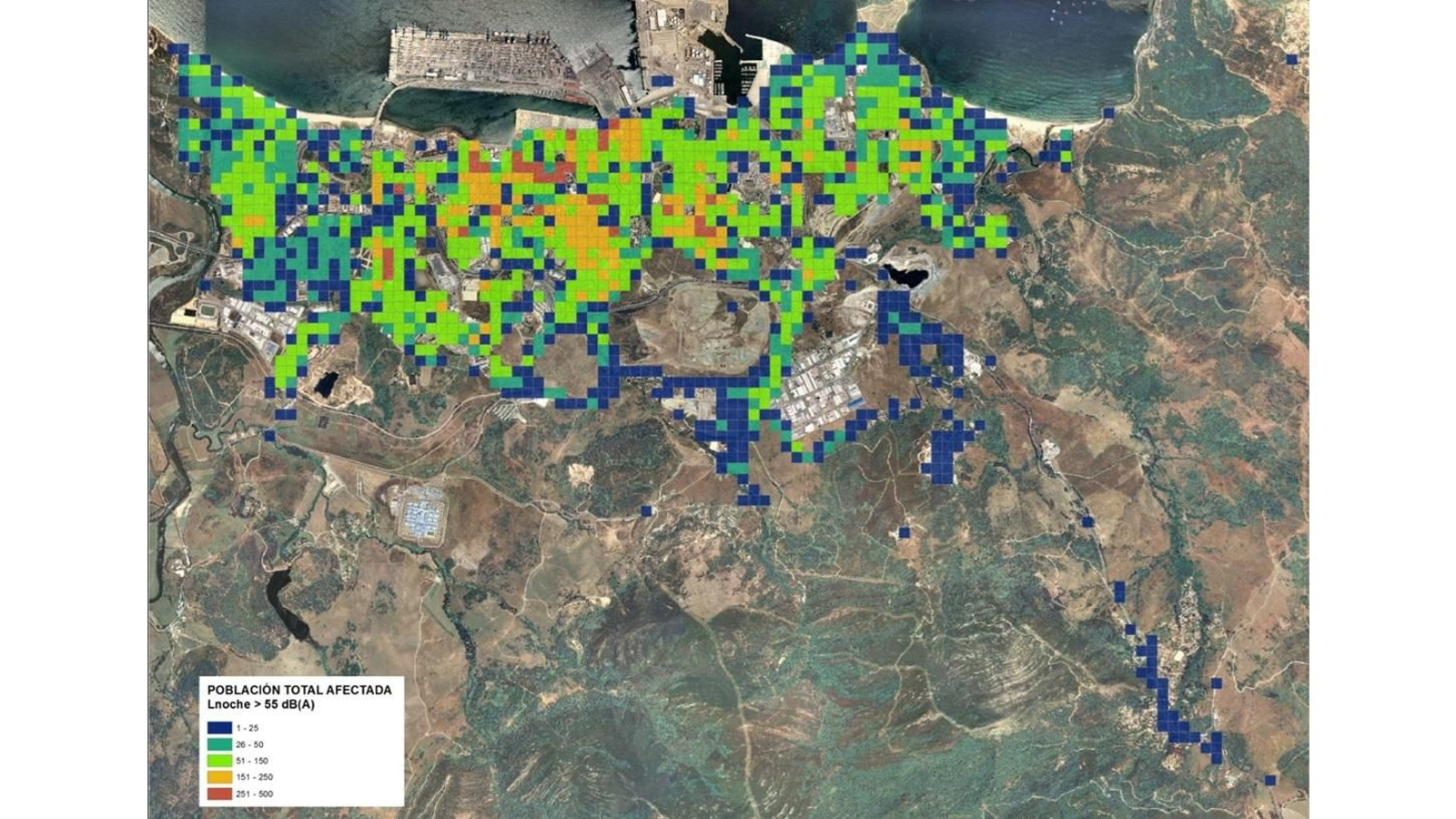 Mapa estratégico de ruidos de Algeciras en 2020, con la población afectada durante la noche.