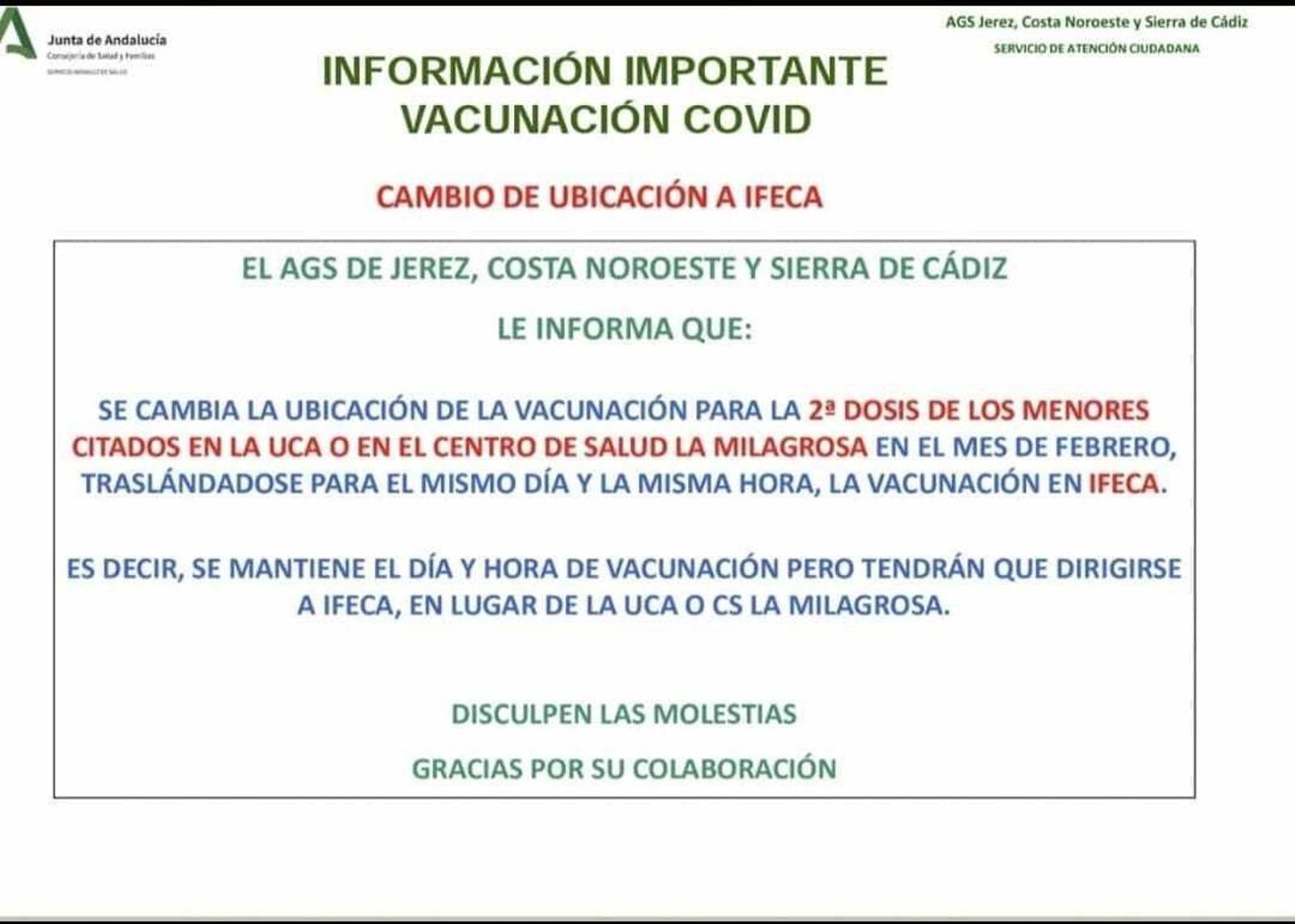 Notificación sobre el cambio de ubicación para la segunda dosis de la vacuna a menores. Notificación sobre el cambio de ubicación para la segunda dosis de la vacuna a menores.