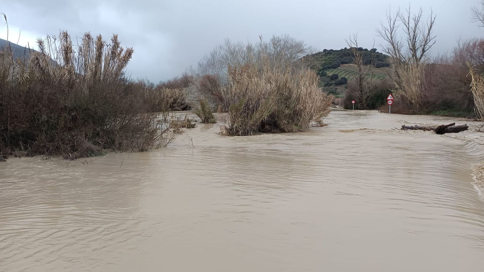 Desbordamiento del arroyo Guadalporcún sobre la calzada de la CA-9101 entre Olvera y Coripe.