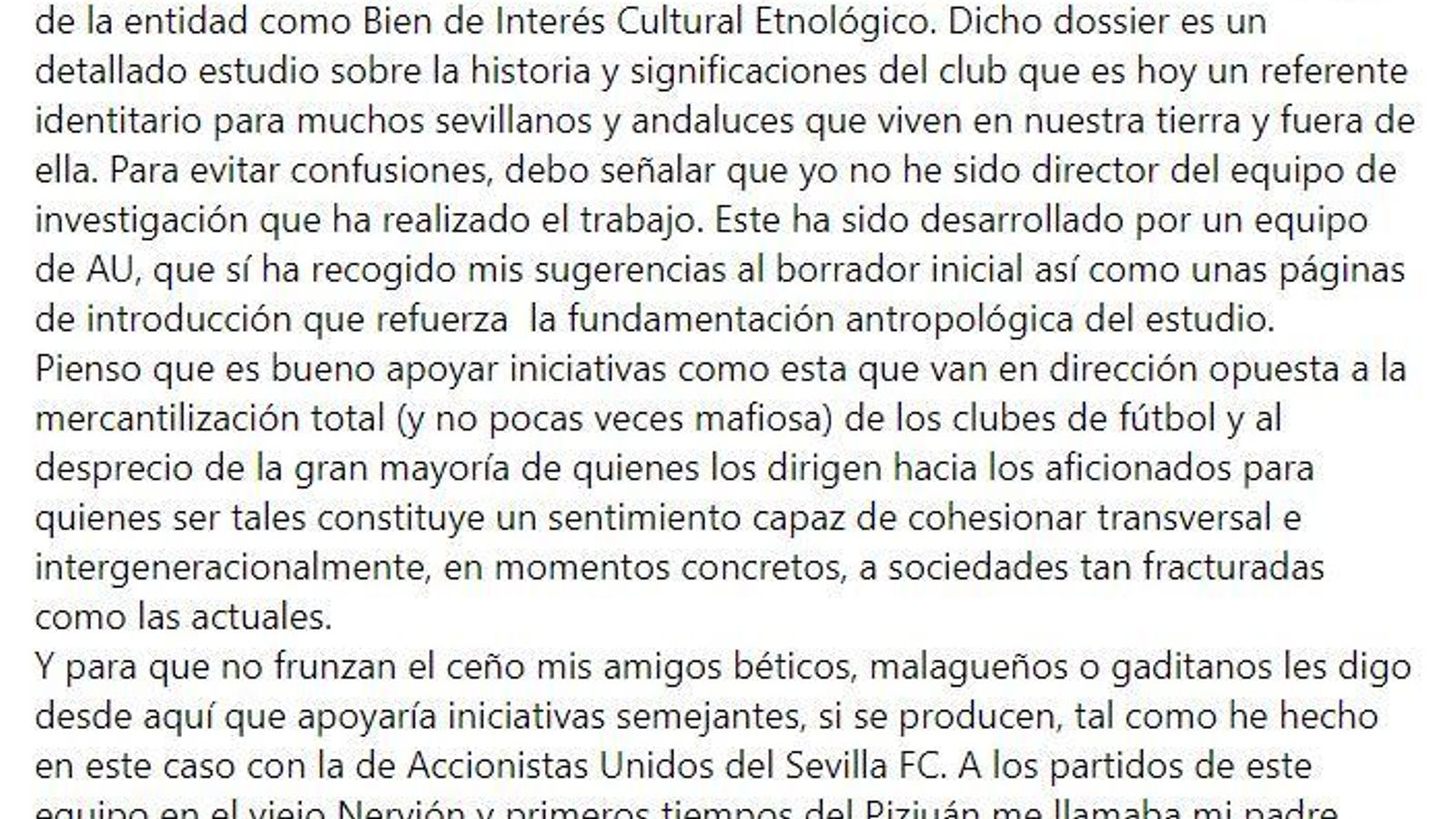 Captura del mensaje de Isidoro Moreno en su cuenta de Facebook sobre la declaración de BIC del Sevilla.