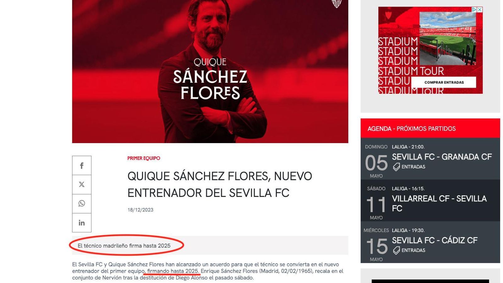 La web oficial del Sevilla el día que anunció el fichaje de Quique.