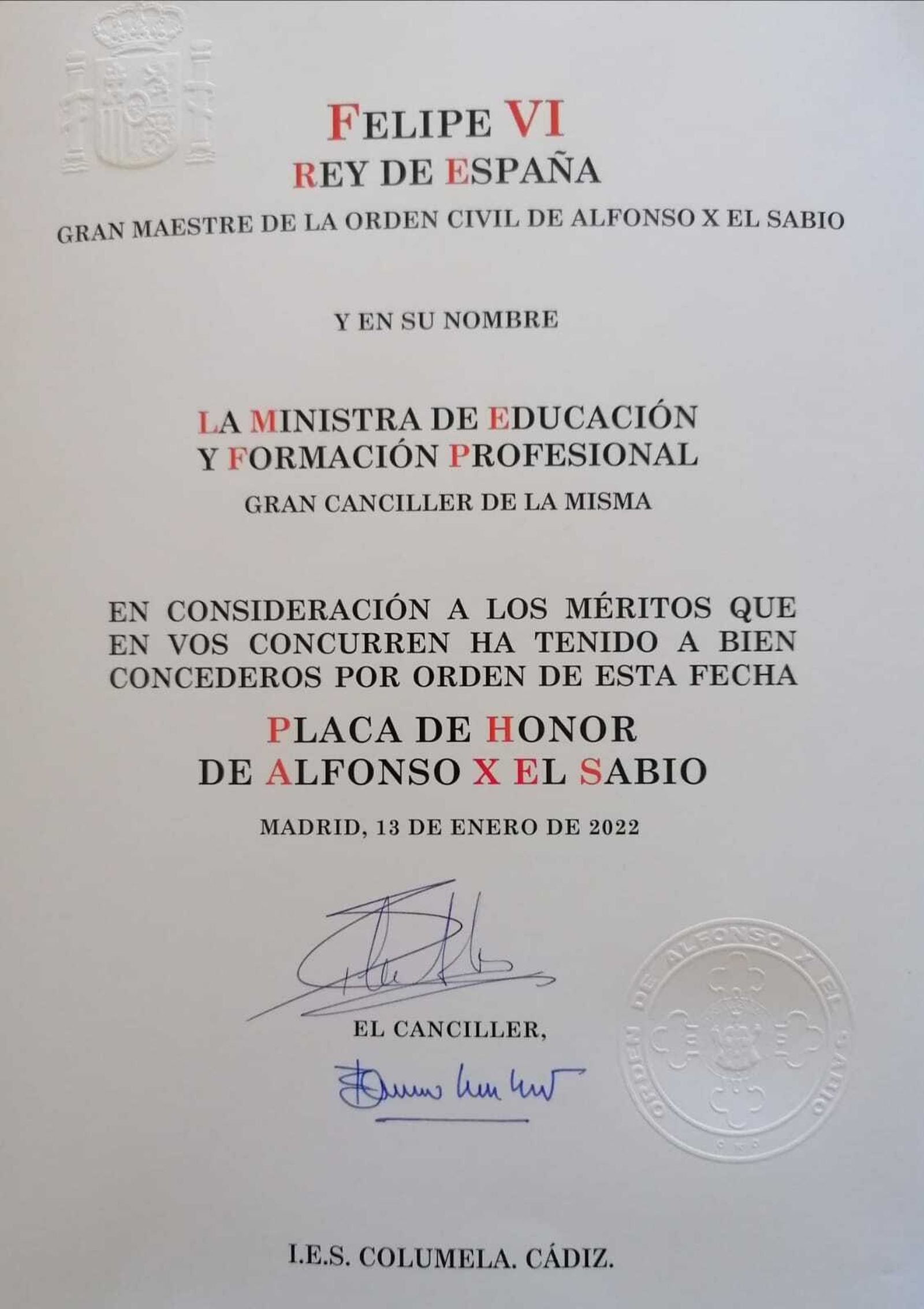 Diploma concesión Placa de Honor de la Orden de Alfonso X el Sabio al IES Columela.