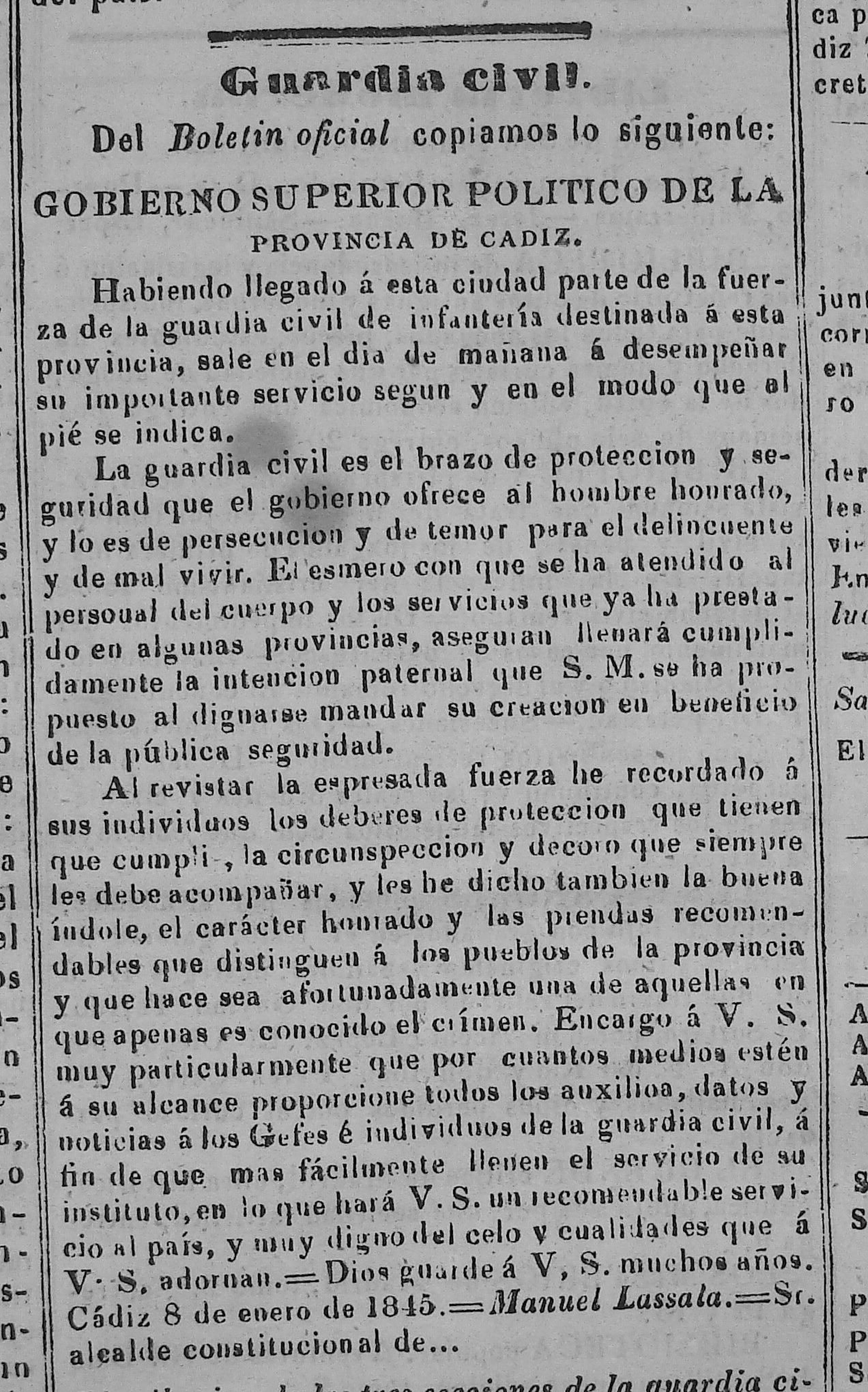 Reproducción del escrito del jefe político de Cádiz fechado 8 de enero de 1845.