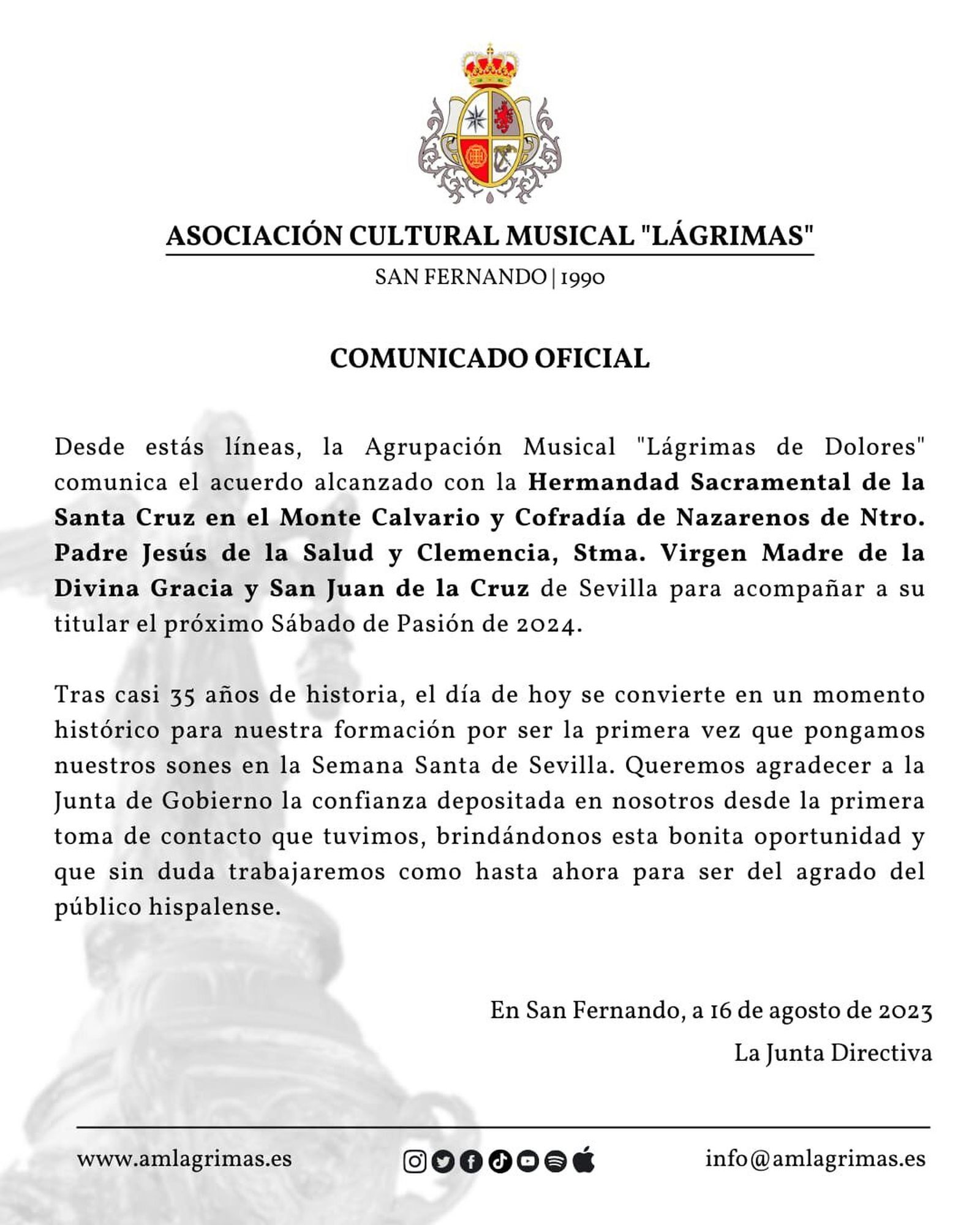 Comunicado de esta agrupación musical informando del acuerdo