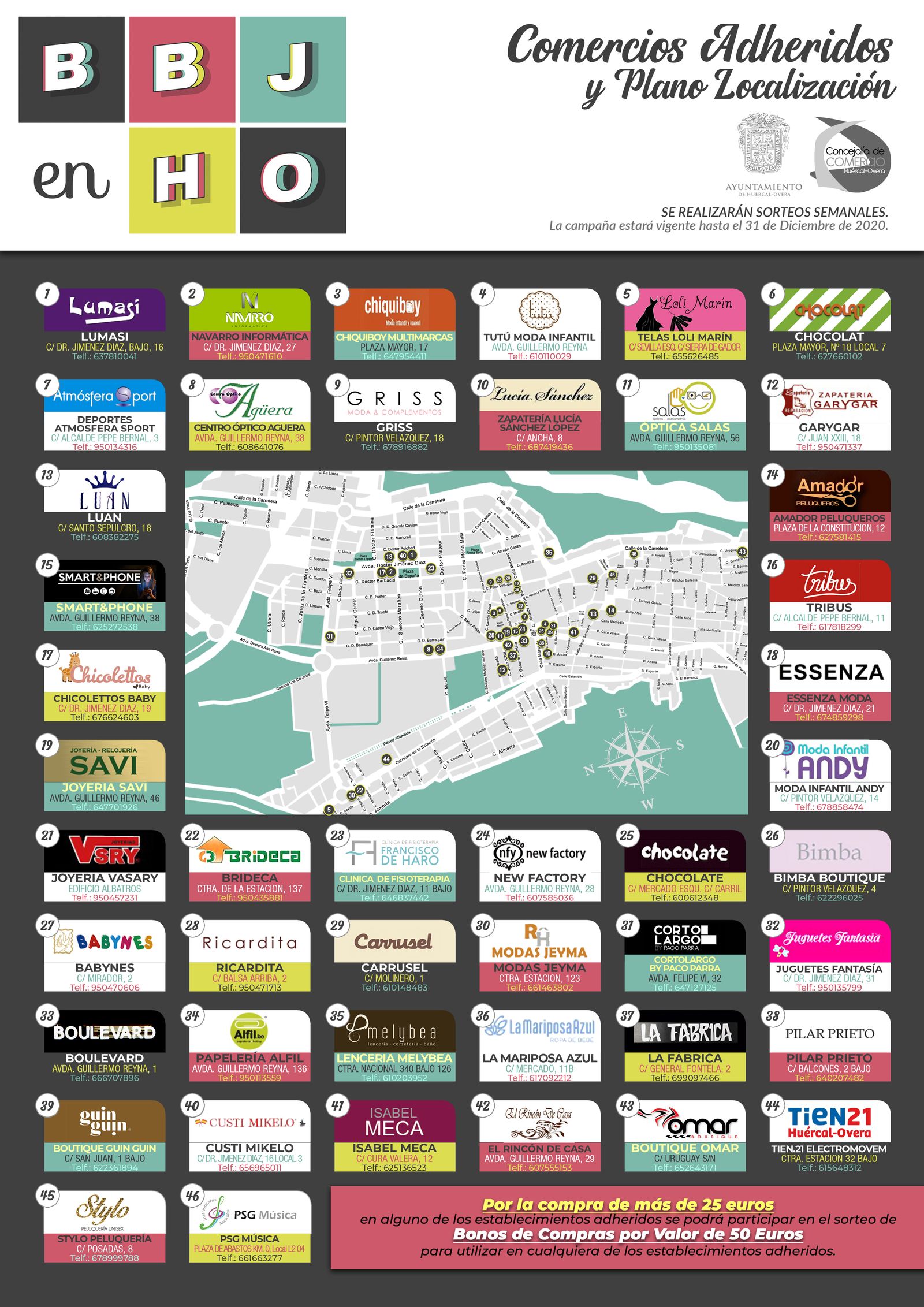 Comercios adheridos y plano de localización.