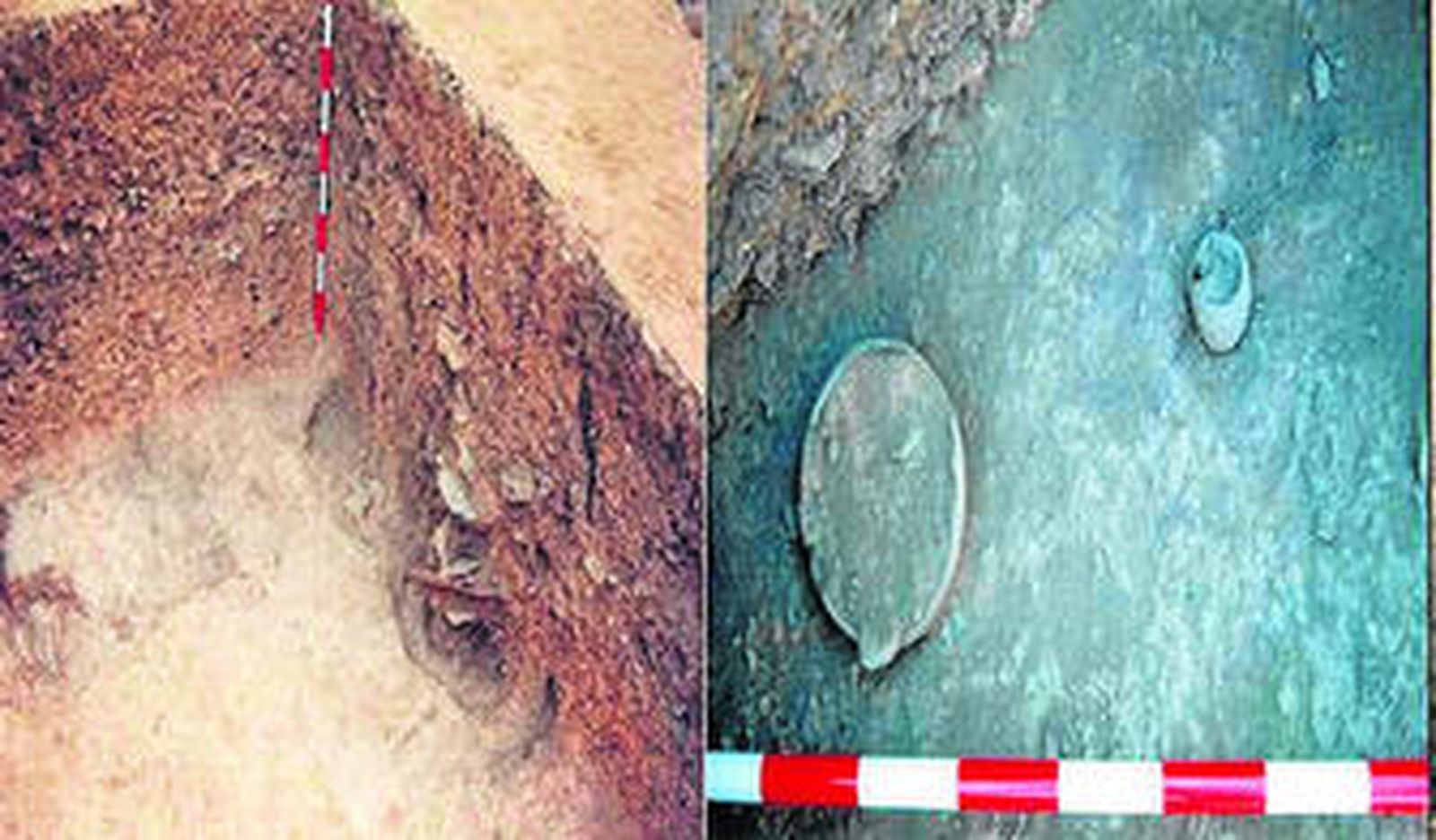 1. Composición de imágenes que identifica contextos arqueológicos de Cabezo Juré: estructura de almacenaje, estructuras de combustión, etc.  2. Imagen EPMA (microsonda de electrones) de una de las muestras de Valencina analizadas. En ella se puede ver la textura del metal de cara a analizar su composición. 3. El investigador Moisés Rodríguez Bayona.  4. Selección del registro arqueológico asociado a la actividad metalúrgica en Cabezo Juré, con toberas, minerales, crisoles, hornos, escorias y productos de metal, entre otros. 5 y 6. Fotografías microscópica con las marcas de los ensayos de microdureza. 7. Fotografía microscópica del filo de un puñal de cobre procedente de Cabezo Juré.