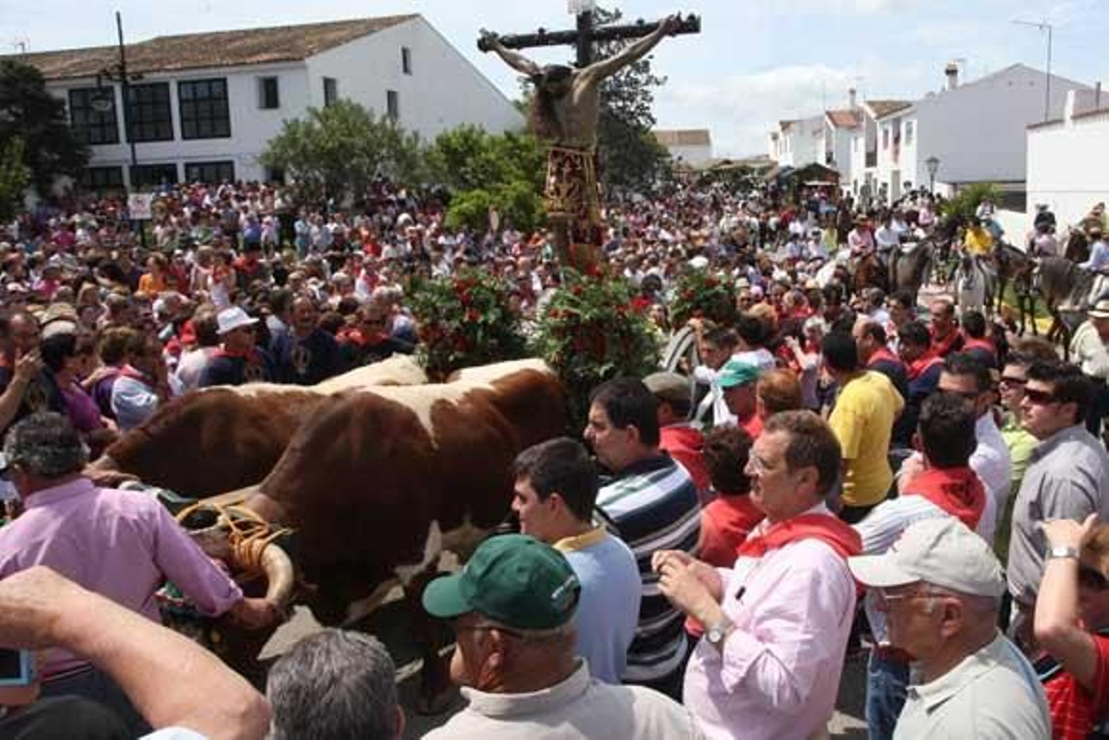 Miles de fieles rodean al Cristo cuando es alzado para trasladarlo a su carreta

Foto: Paco Guerrero