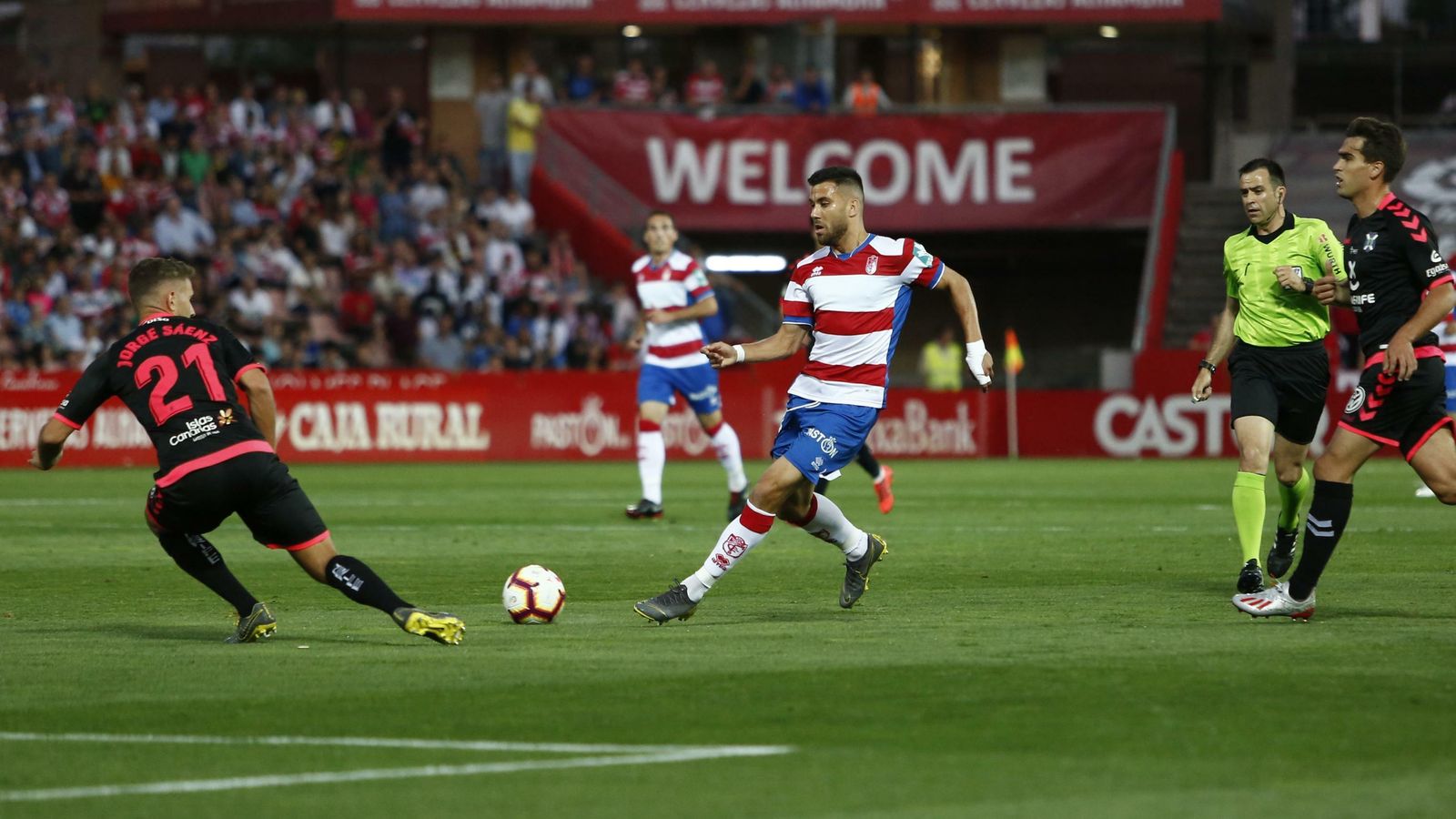 Fede Vico asiste a un compañero en el duelo del pasado viernes ante el Tenerife.